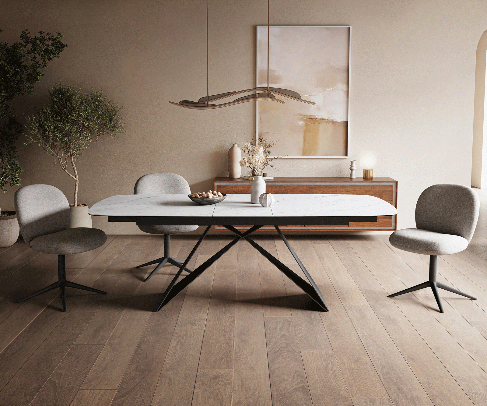 Esstisch Edge Boot 180-220x100 cm Keramik Laminam® Statuarietto Weiß V-Gestell Flachstahl Schwarz ausziehbar 1