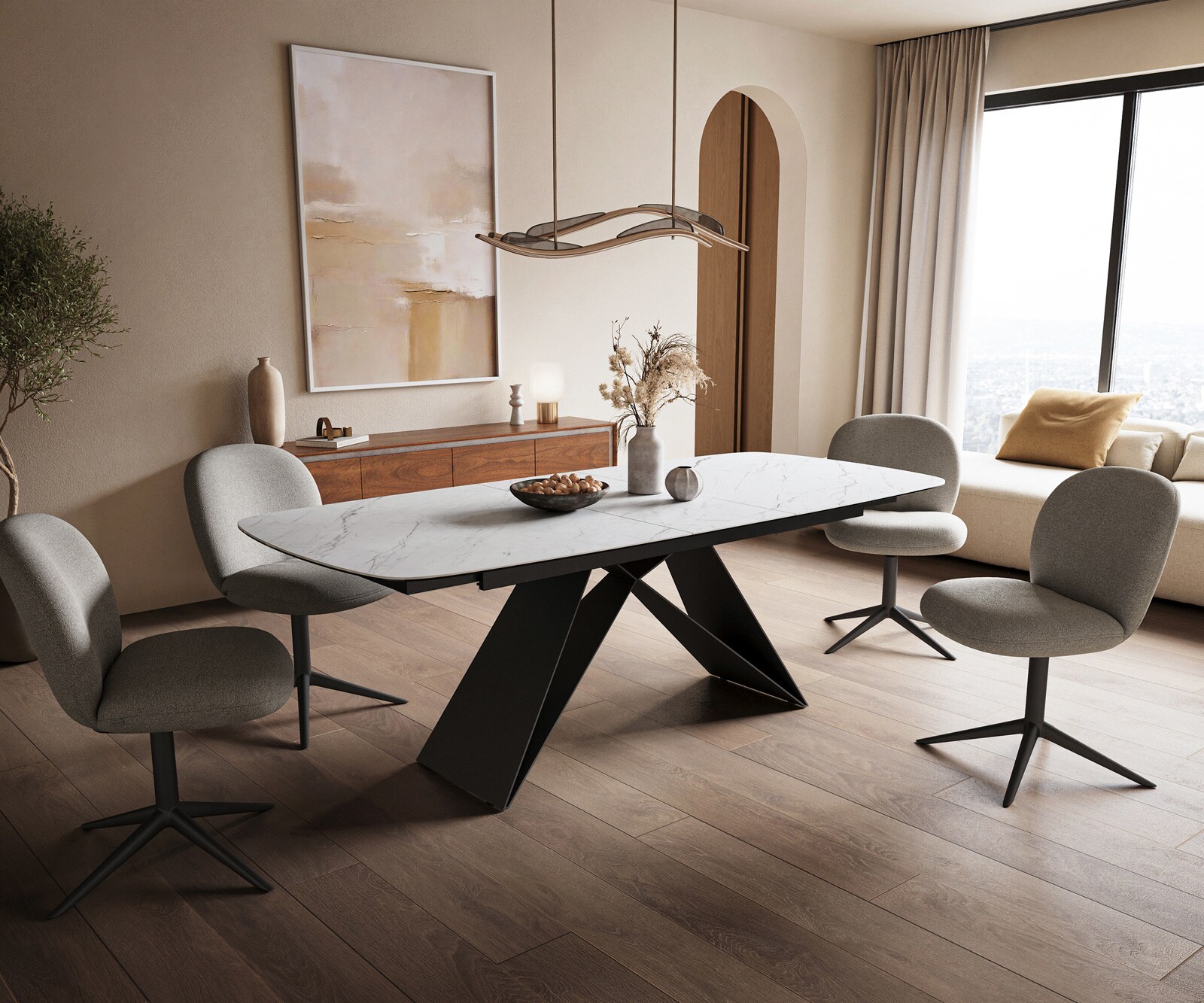 Esstisch Edge Boot 180-220x100 cm Keramik Laminam® Statuarietto Weiß V-Gestell Flachstahl Schwarz ausziehbar 5