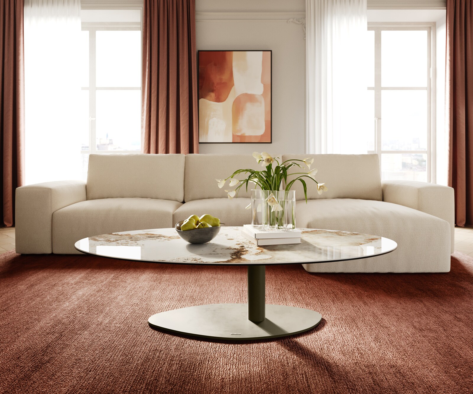 Couchtisch Edge Oval 140x80 cm Keramik Minas Melange Vibany Metall Effektfinish Titan 1