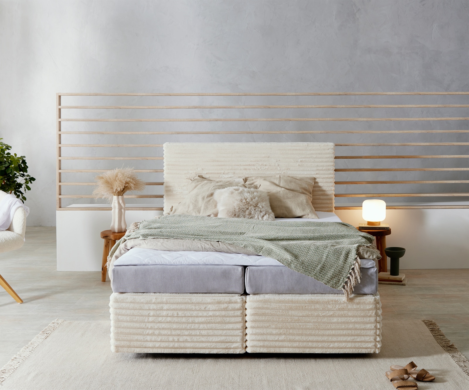 Boxspringbett Dream-Well Plüsch-Cord Beige 140x200 cm Bonell-Matratze PU-Topper 1 Boxspringbett Dream-Well Plüsch-Cord Beige 140x200 cm Bonell-Matratze PU-Topper 1