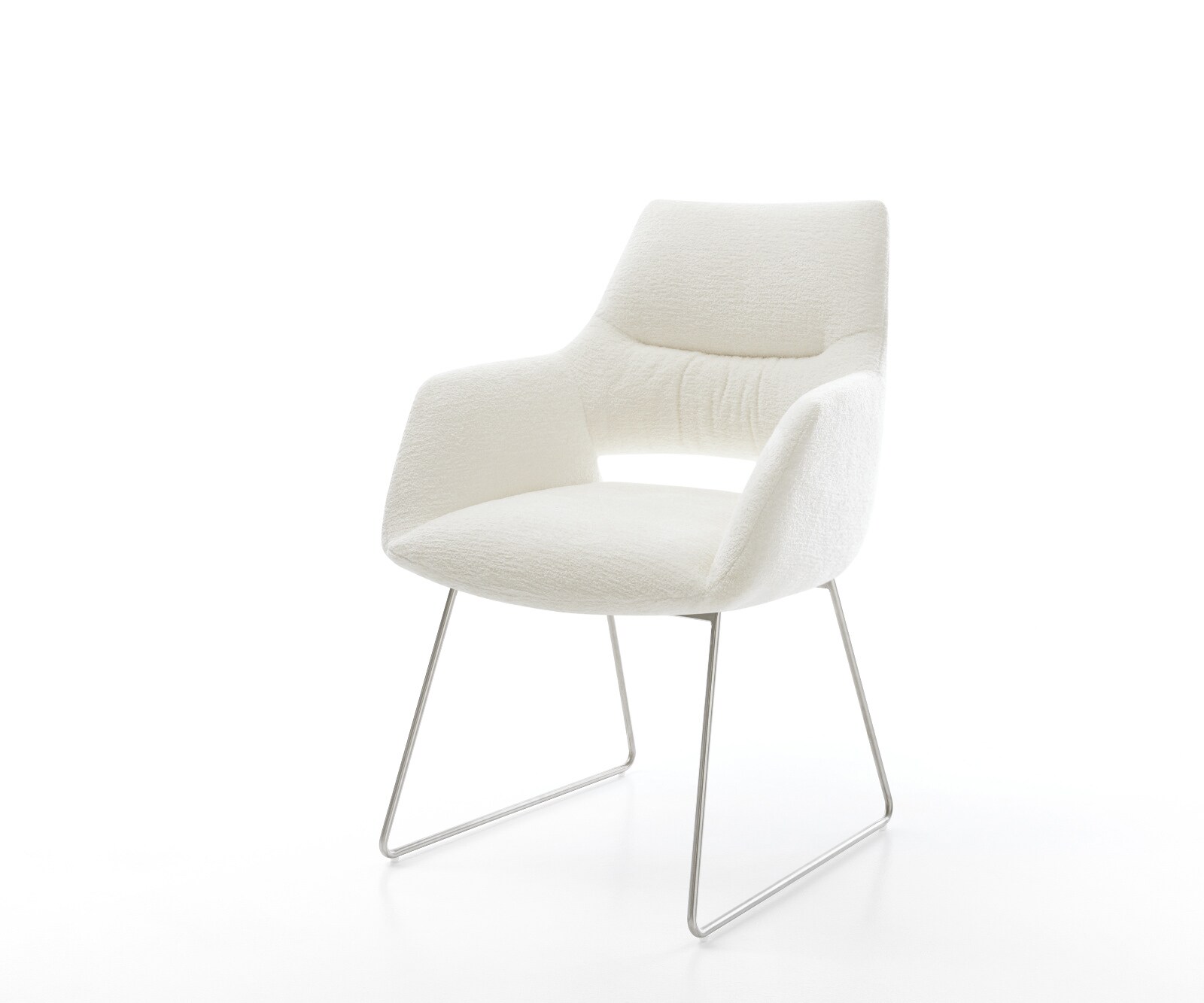 Chaise-de-salle-à-manger Yago-Flex avec accoudoirs bouclé doux beige pied trapèze acier inoxydable resorts ensachés 1