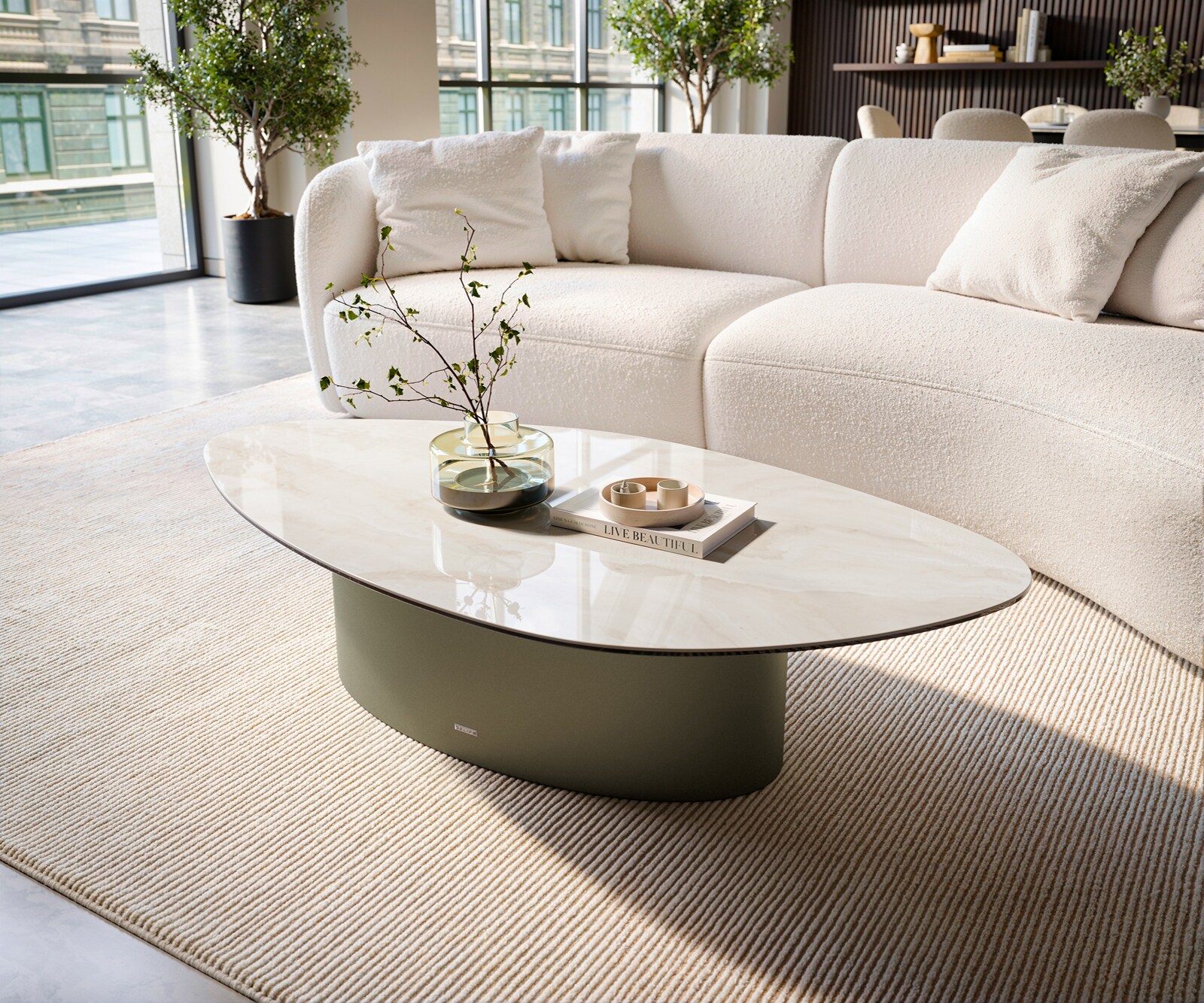 Table basse Edge organique 140x76 cm céramique Onyx Champagne Casilda finition effet titane 3