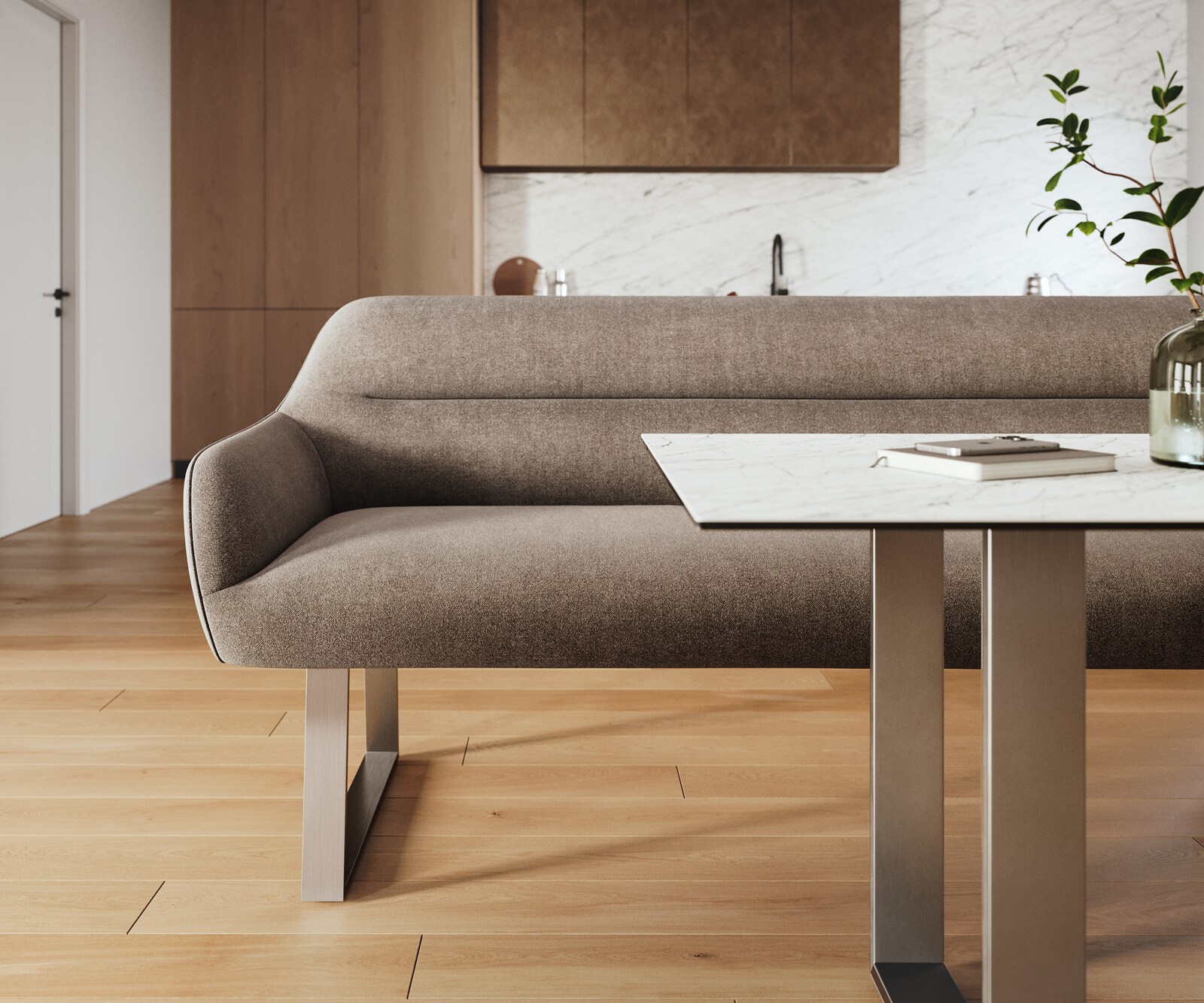 Banc-de-salle-à-manger Taya-Flex 200 cm tissu structuré doux taupe piètement à patins angulaire acier inoxydable ressort ensaché 1