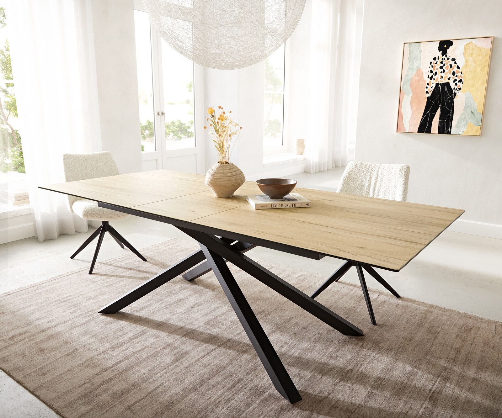 Table à manger Edge 180-220x100 céramique Laminam® Sabbia couleur chêne cadre croisé rectangulaire noir extensible 2