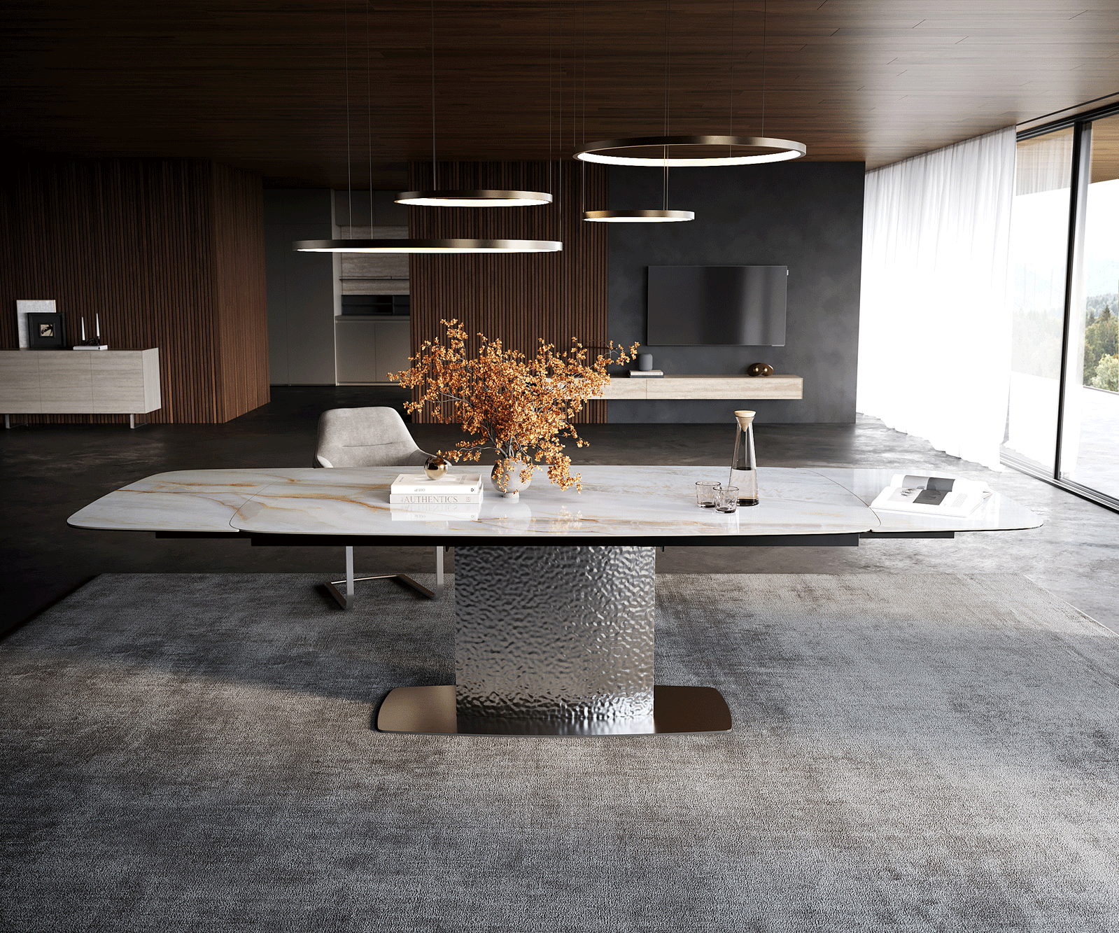 Esstisch Edge Boot 200-300x120 cm Keramik Onyx Pearl Wave Edelstahl ausziehbar 1