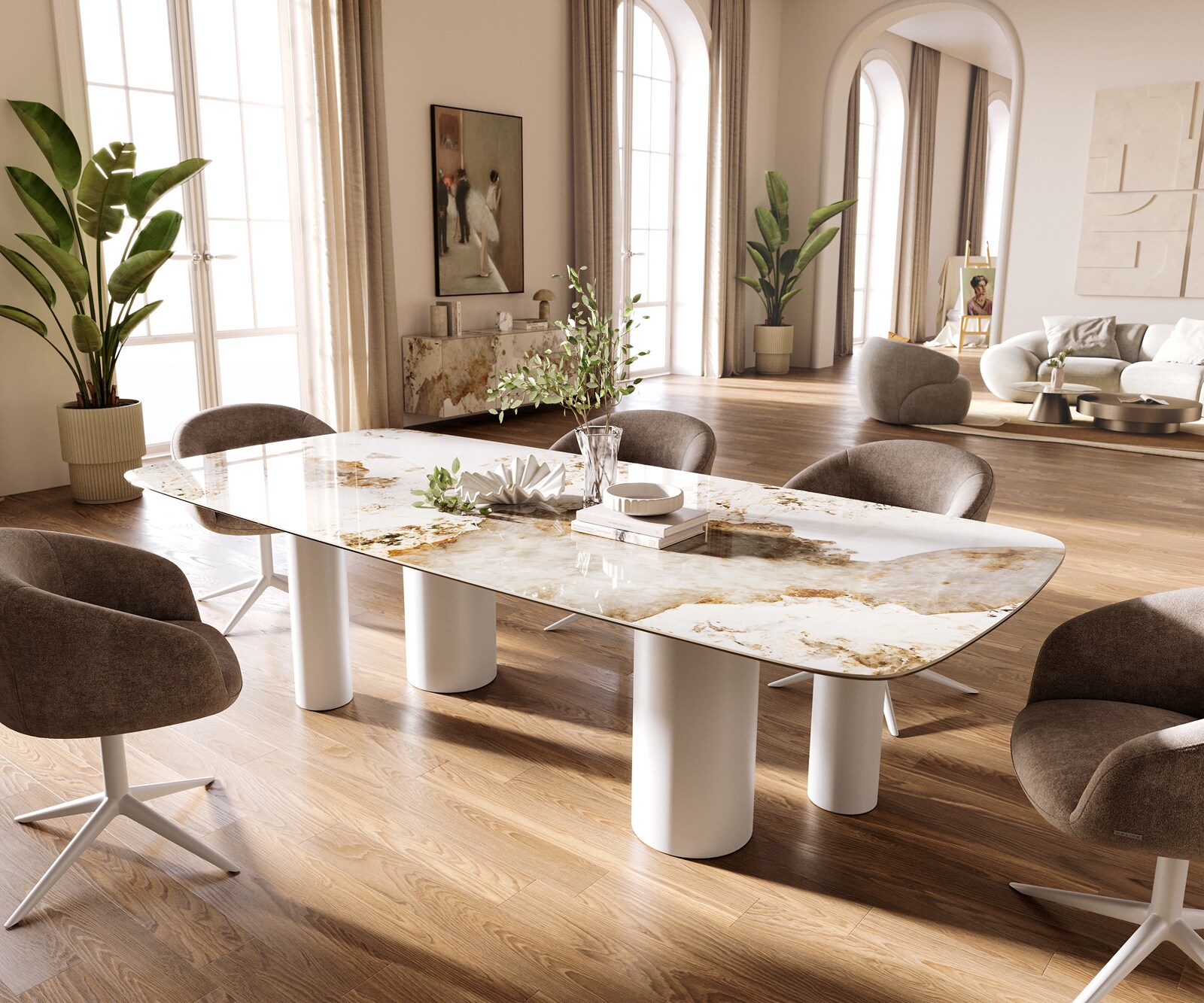 Esstisch Edge Boot 260x120 cm Keramik Minas Melange Weiß-Beige Pilier Metall Weiß