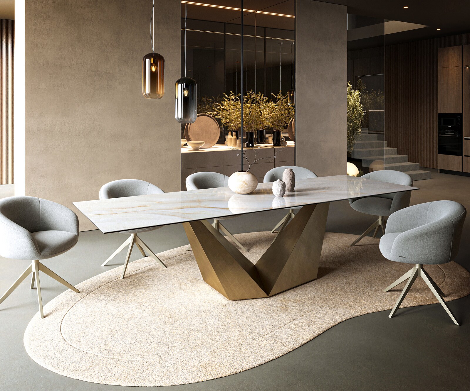 Table à manger Edge 300x100 cm céramique Onyx Pearl Prisma métal doré 6