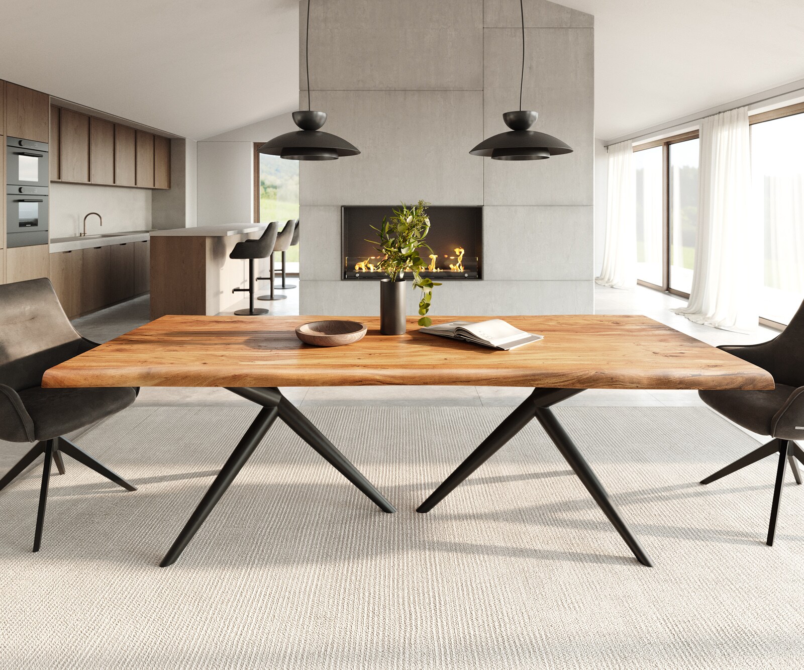 Esstisch Edge 240x100 Akazie Natur Estelar rund Metall Schwarz Live-Edge 2