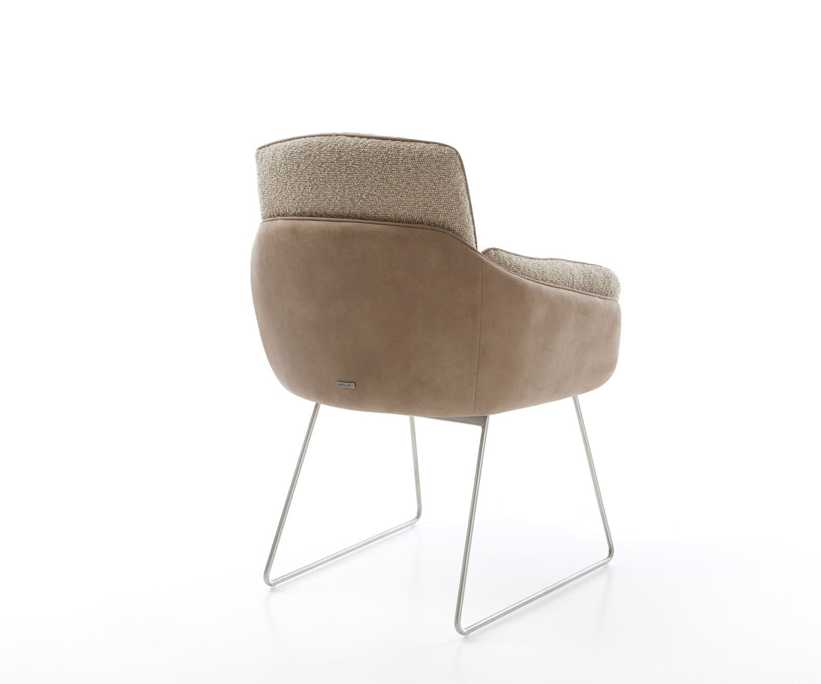 Chaise-de-salle-à-manger Luan-Flex avec accoudoirs tissu mixte couleur boue pied trapèze acier inoxydable brossé 3