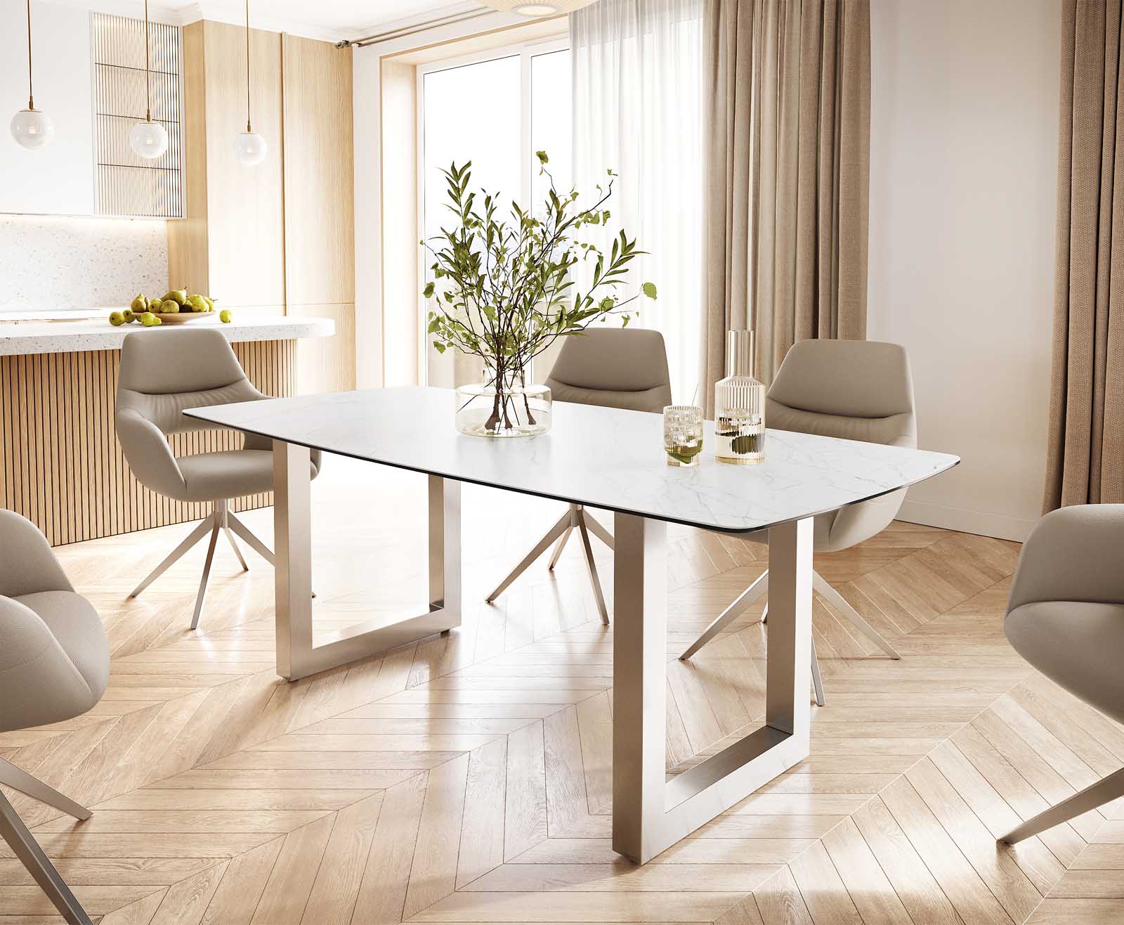 Table-à-manger Edge forme Boot 200x100 céramique Laminam® statuarietto blanc inox large Table-à-manger Edge forme Boot 200x100 céramique Laminam® statuarietto blanc inox large