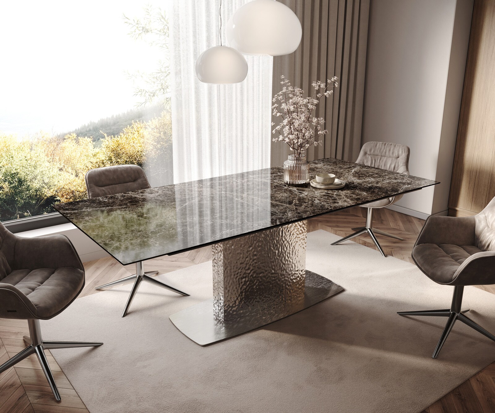 Table à manger Edge 180-220x100 Laminam® Emperador Extra Lucidato Marron foncé Wave Acier inoxydable extensible 1