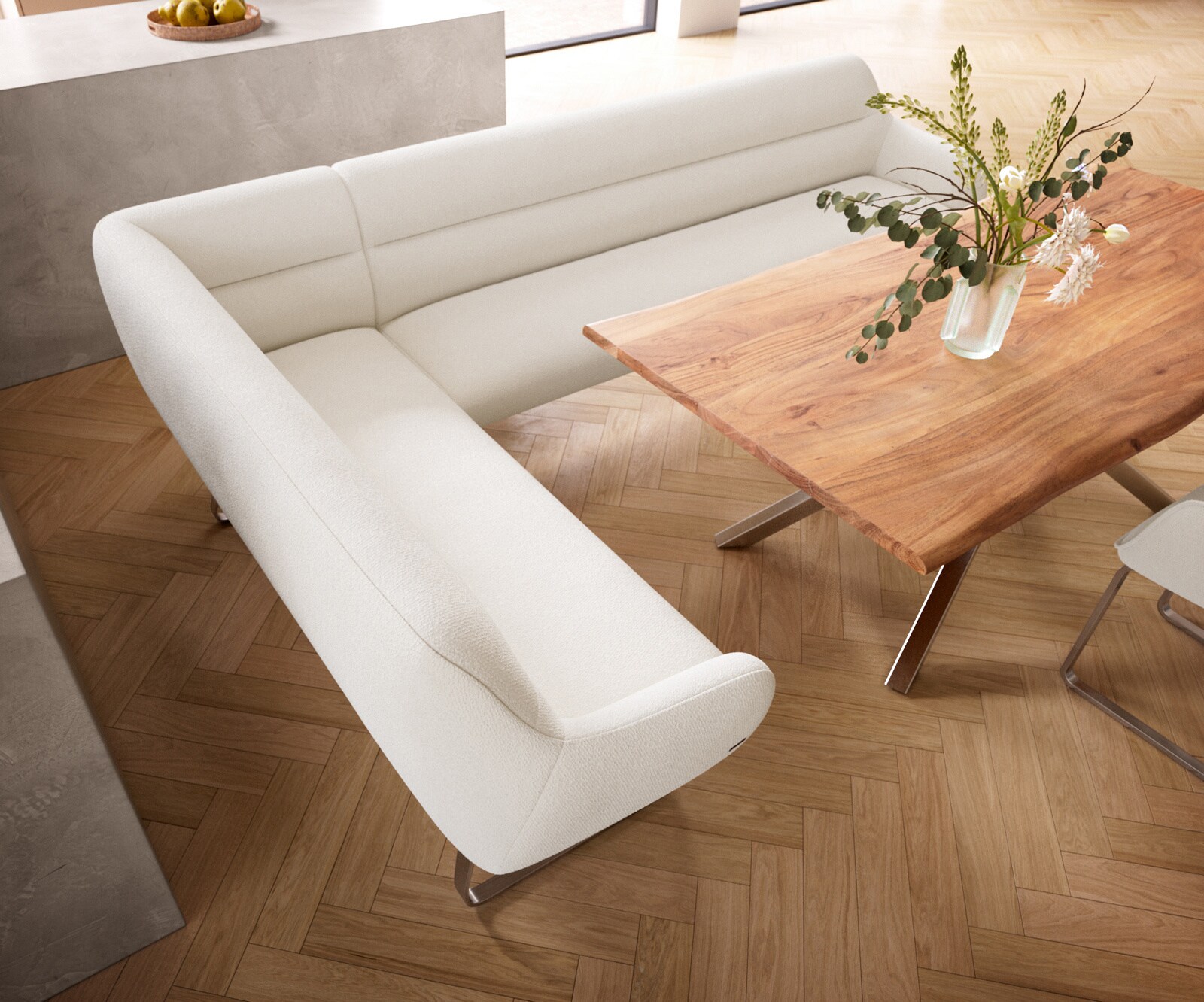 Banc-de-salle-à-manger Taya-Flex 285x190 cm bouclé crème-blanc châssis à patins plat acier inoxydable ressort ensaché à droite 3