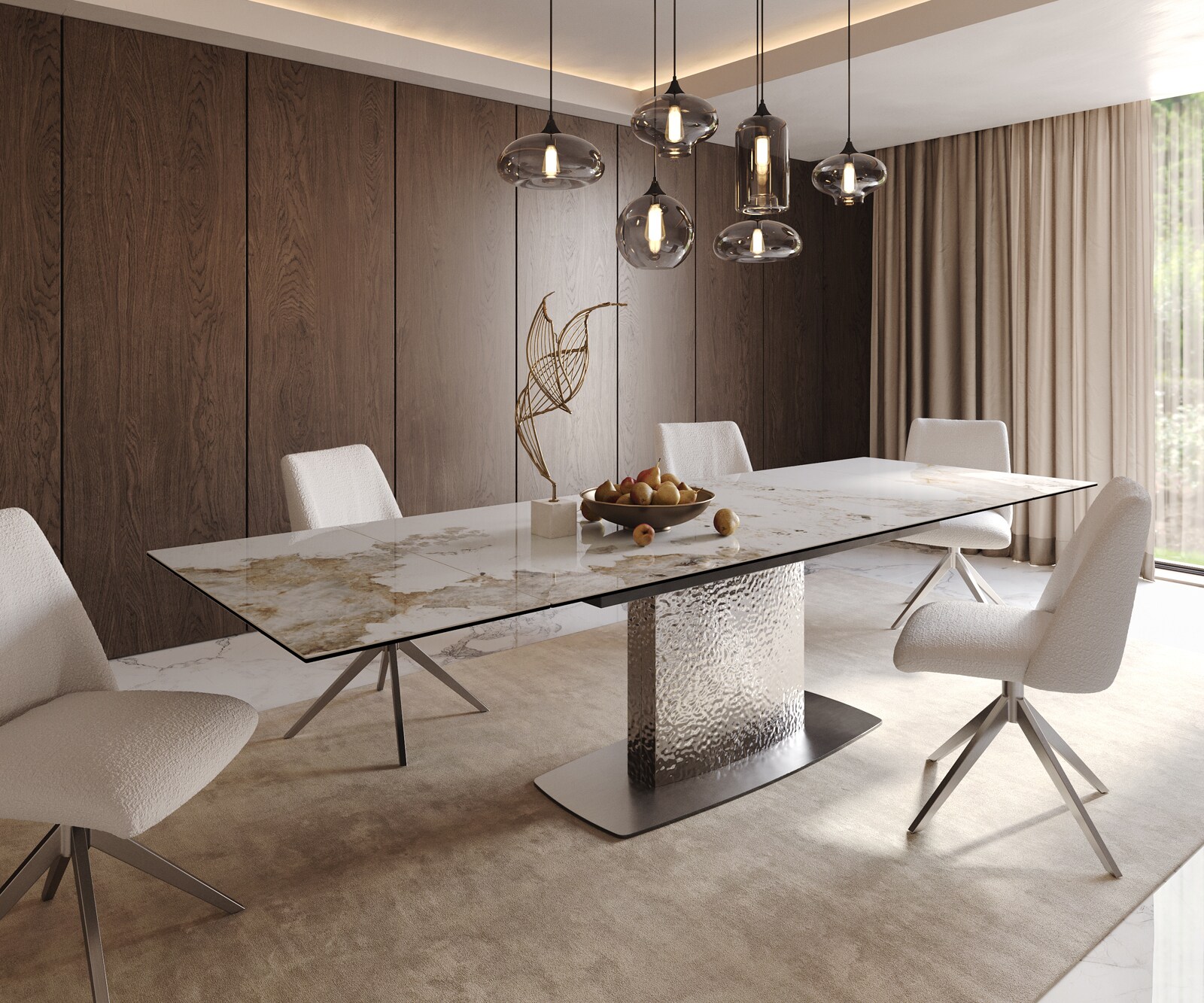 Esstisch Edge 200-300x100 Keramik Minas Melange Weiß-Beige Wave Edelstahl ausziehbar