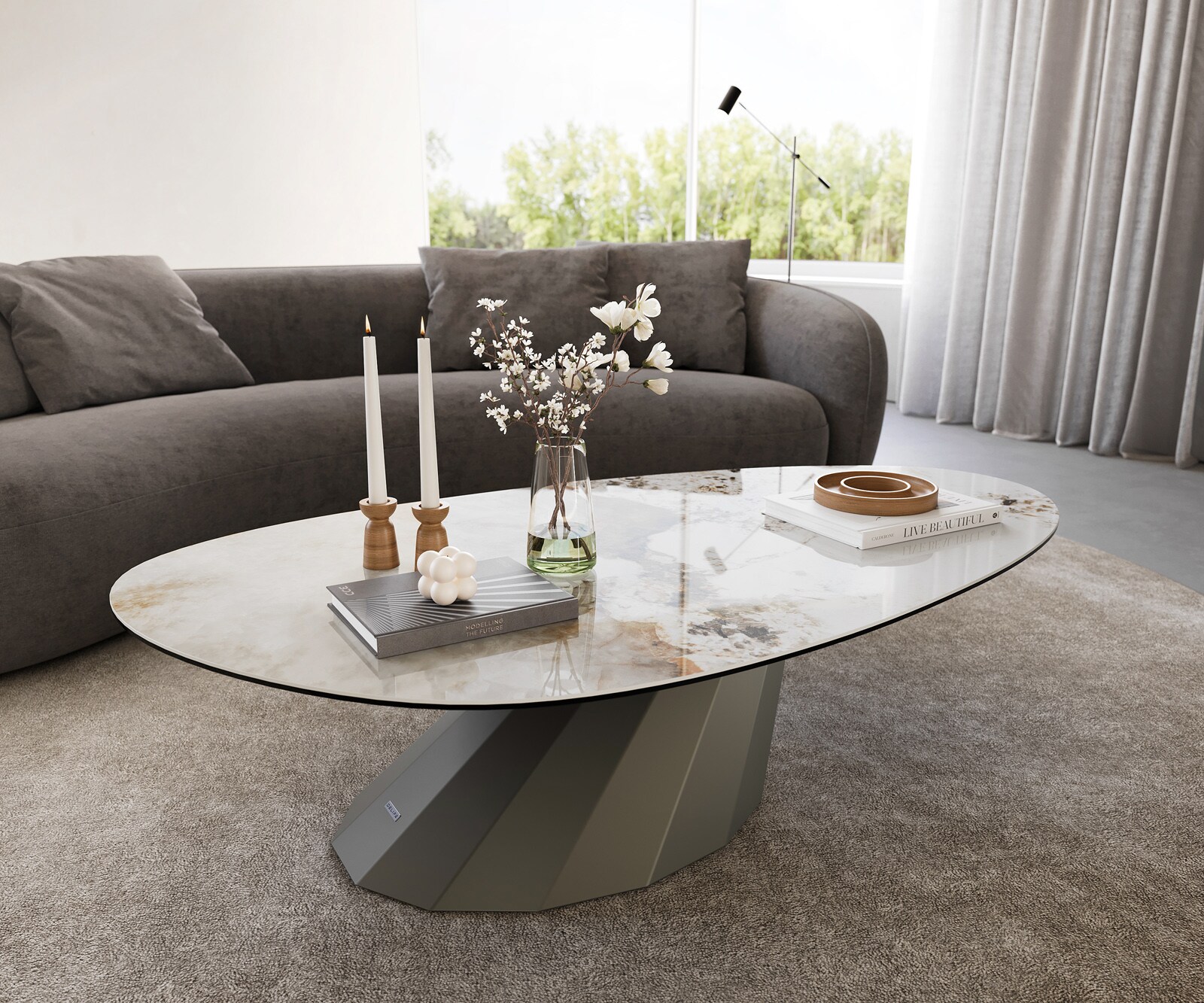 Table basse Edge Oval 140x75 cm céramique Minas Melange Parabi Metall finition effet titane
