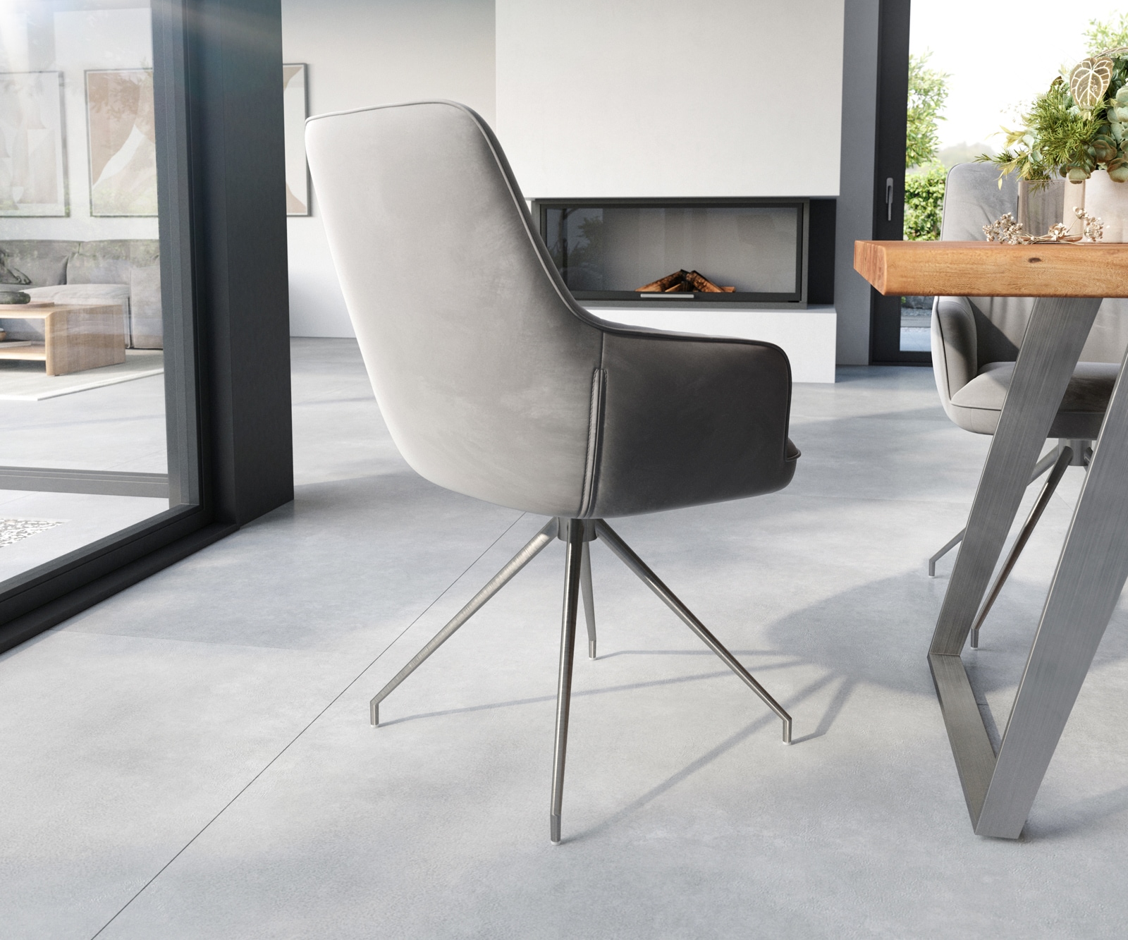 Esszimmerstuhl Zelia-Flex mit Armlehnen Samt Grau Kreuzgestell konisch Edelstahl Taschenfederkern 4 Esszimmerstuhl Zelia-Flex mit Armlehnen Samt Grau Kreuzgestell konisch Edelstahl Taschenfederkern 4