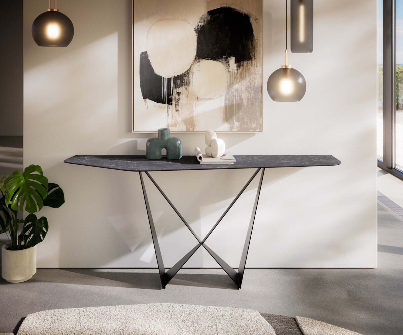 Console Edge Polygonal 180x50 cm Céramique Laminam® Nero Greco Anthrazit Spios Métal Noir 2