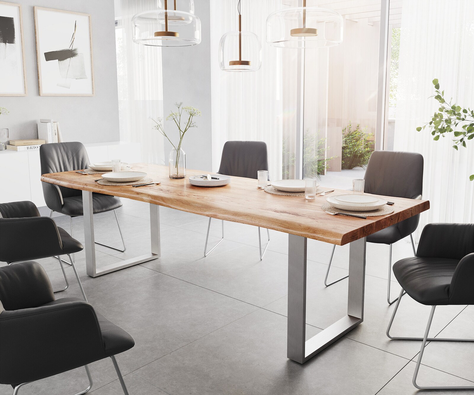 Esstisch Edge 260x100 XL Akazie Natur Edelstahl Schmal Live-Edge Esstisch Edge 260x100 XL Akazie Natur Edelstahl Schmal Live-Edge