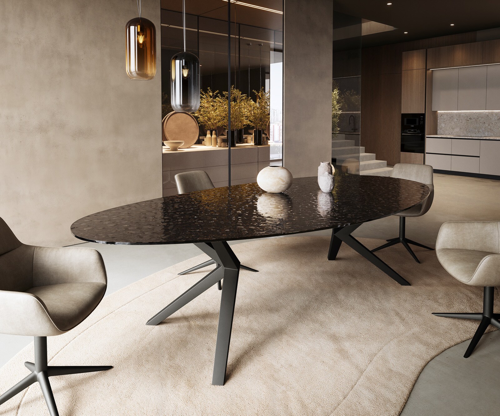 Esstisch Edge Oval 280x130 Reliefglas Rauchschwarz 3D-Design Zenthara kantig Metall Schwarz 1
