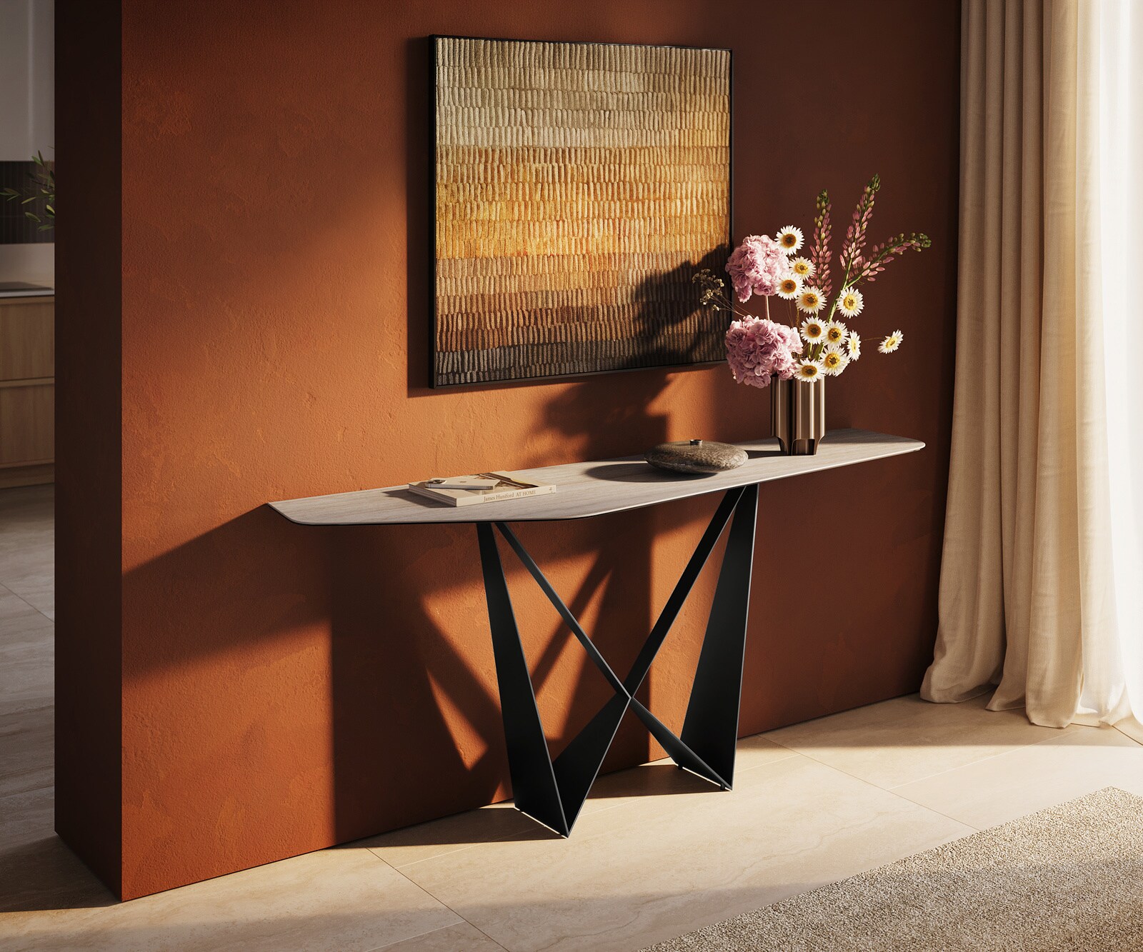 Console Edge Polygonal 180x50 cm Céramique Laminam® Travertino Bianco Creme-Weiß Spios Métal Noir 3