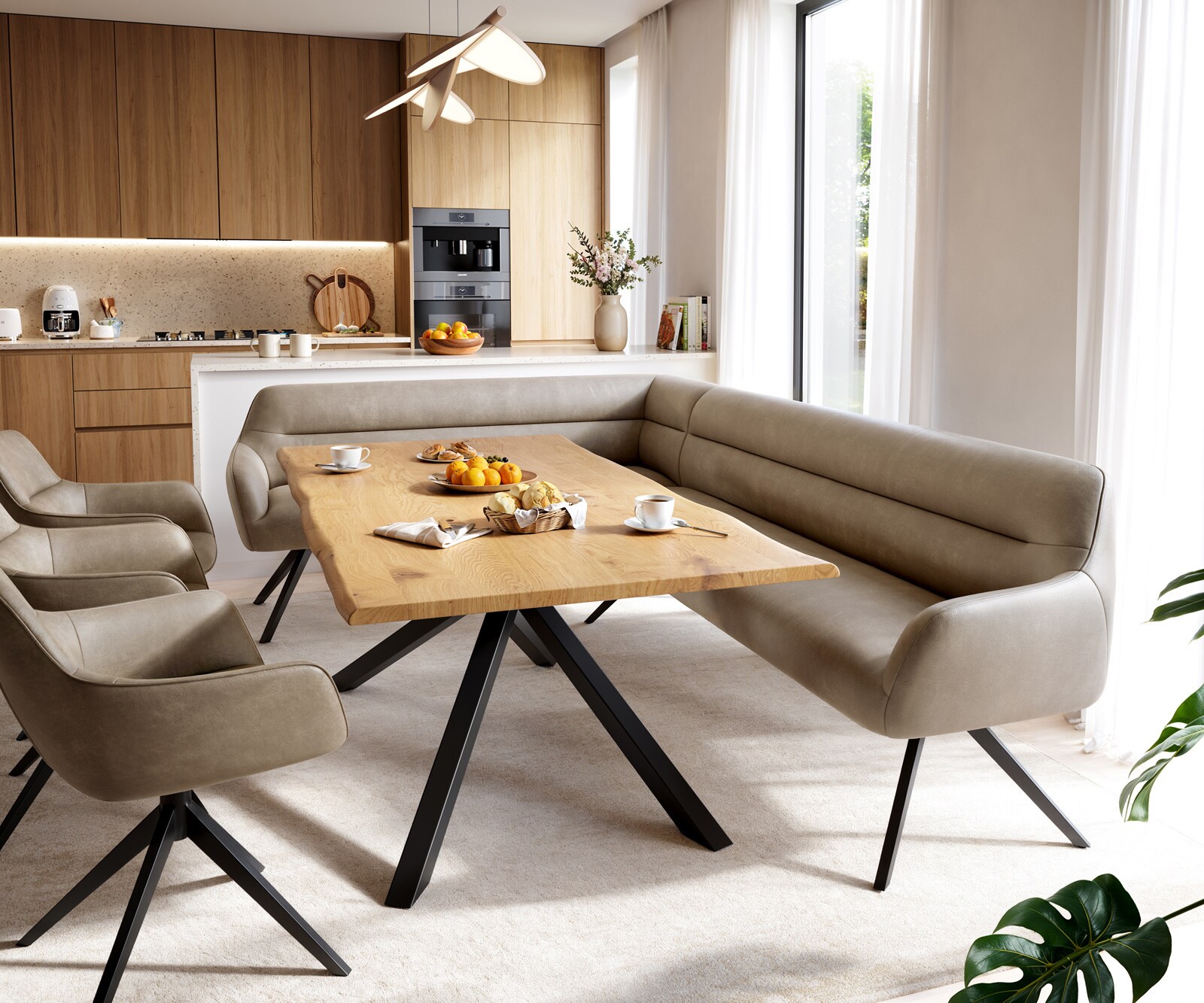 Esszimmerbank Taya-Flex 285x190 cm Mikrofaser Beige Vintage Kreuzgestell kantig Schwarz Taschenfederkern Rechts