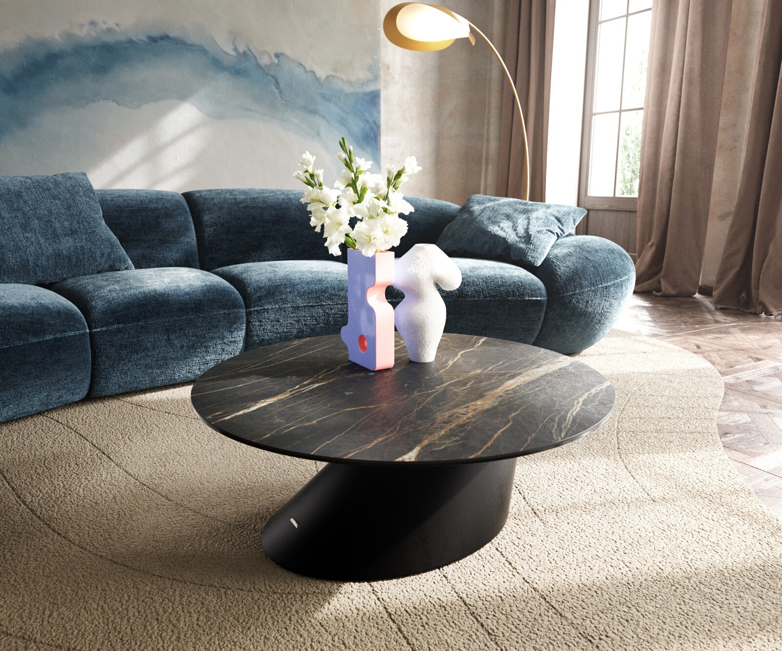Table basse Edge rond 90x90 cm céramique Laminam® Noir Desir brun Parabi acier inoxydable brossé 1