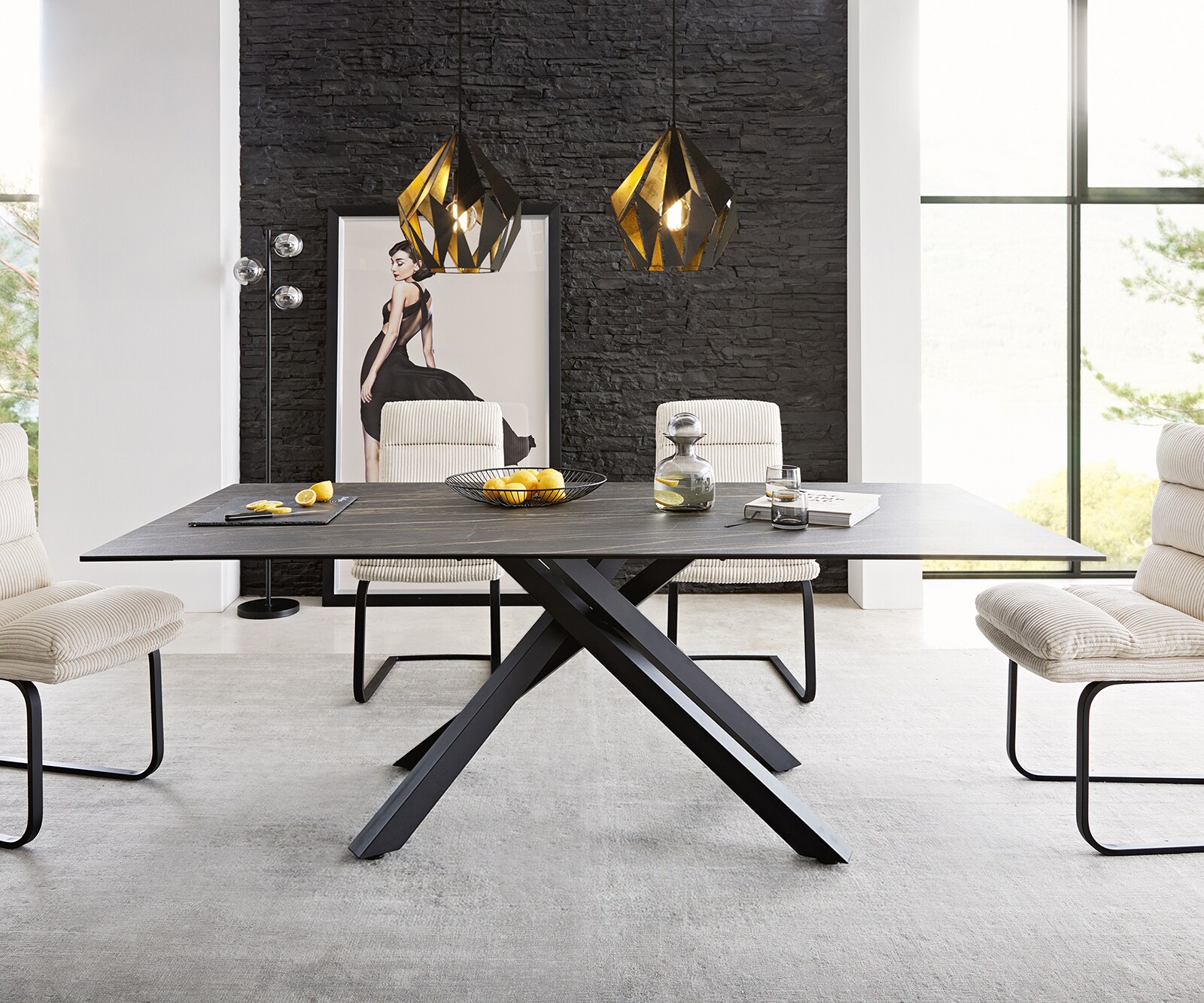 Esstisch Edge 200x100cm Keramik Laminam®Noir Desir Braun Mittelfuß Kreuz Schwarz 8