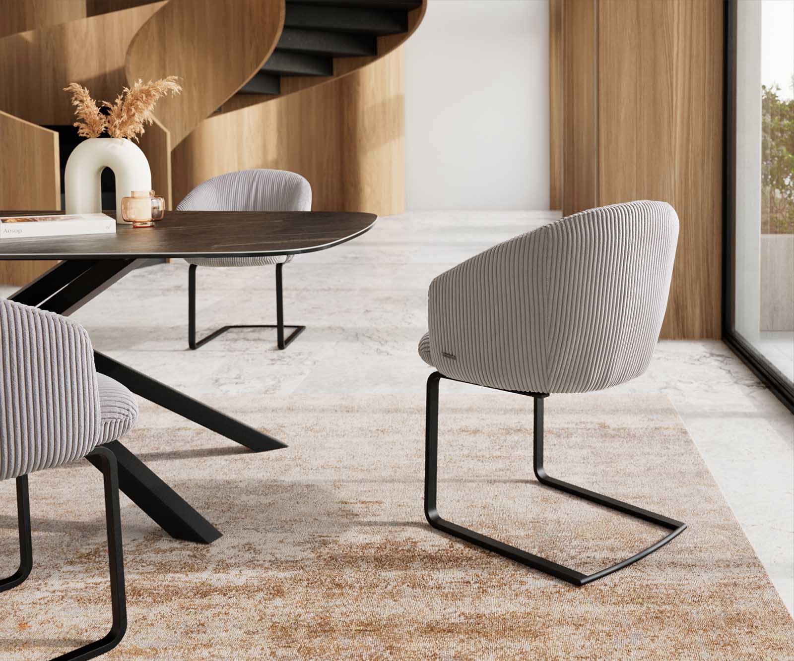 Cantilever Caja-Flex avec accoudoirs côtelé gris argenté pied cantilever plat noir ressorts ensachés 4