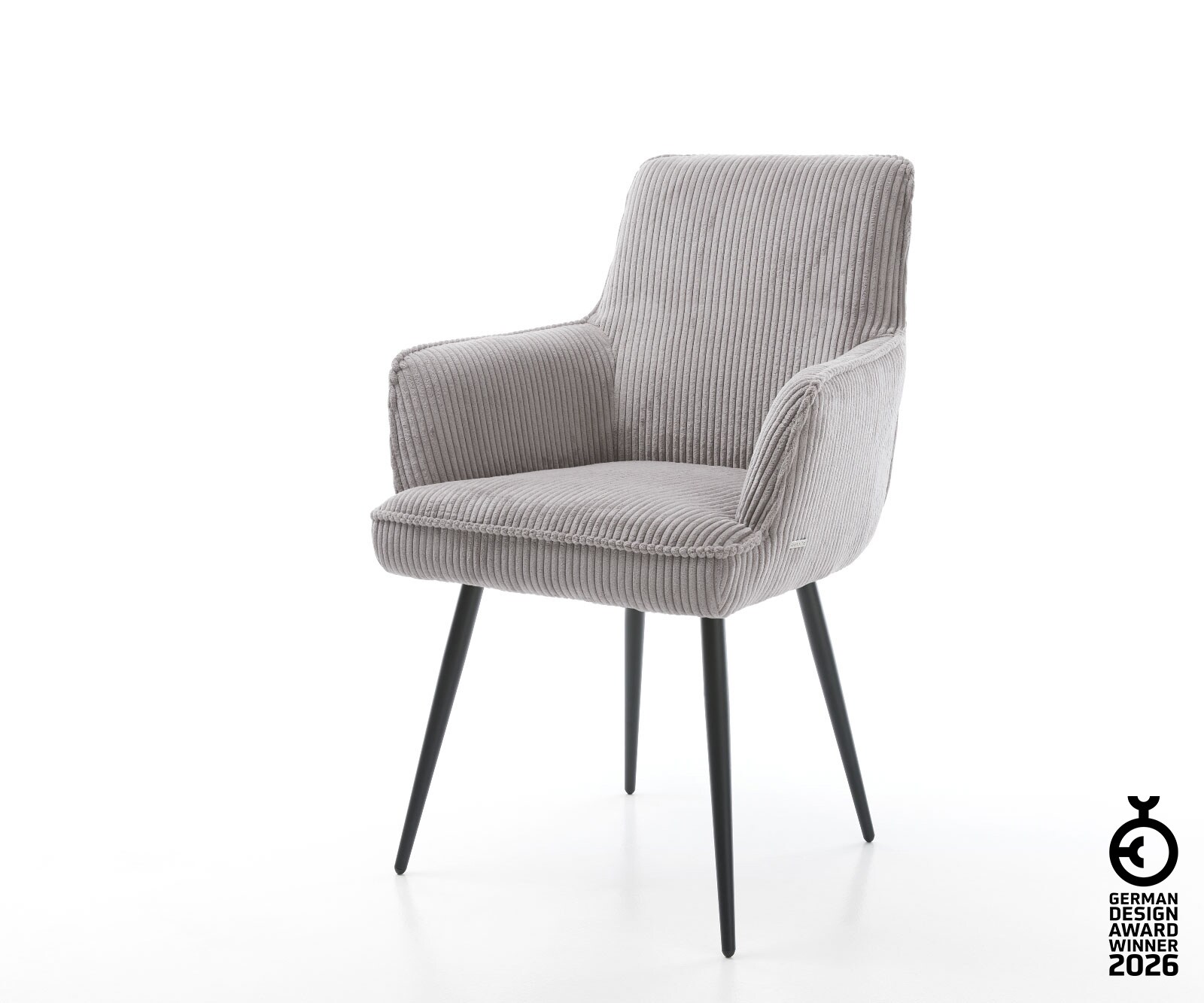 Chaise-de-salle-à-manger Heira-Flex avec accoudoirs côtelé gris argenté 4 pieds coniques noir ressorts ensachés 1