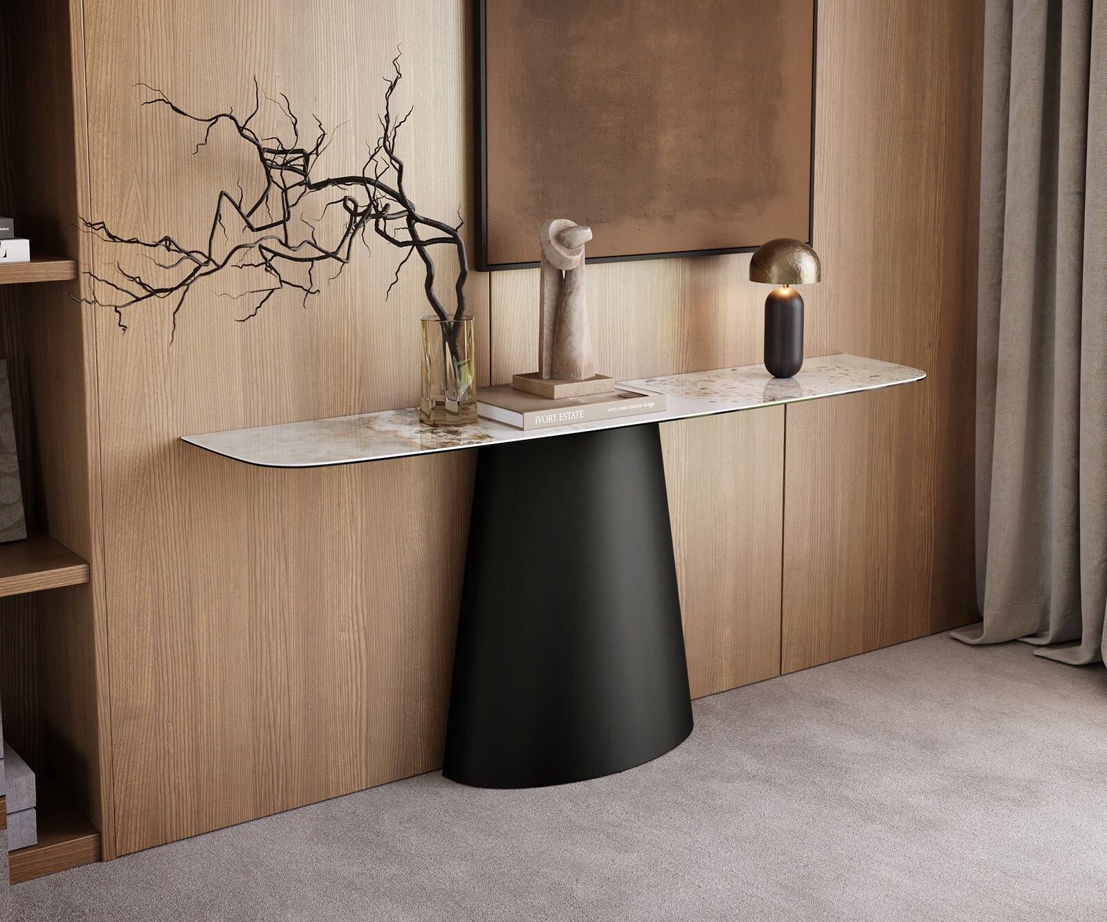 Console Edge forme bateau 180x40 cm Céramique Minas Melange Weiß-Beige Conos Métal Noir 1