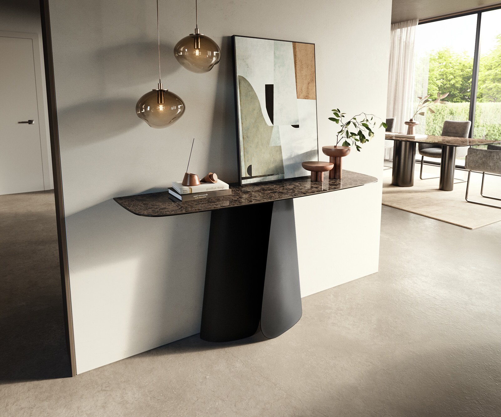 Console Edge forme bateau 140x40 cm Céramique Emperador Extra Lucidato Dunkelbraun Livos Métal Noir 4