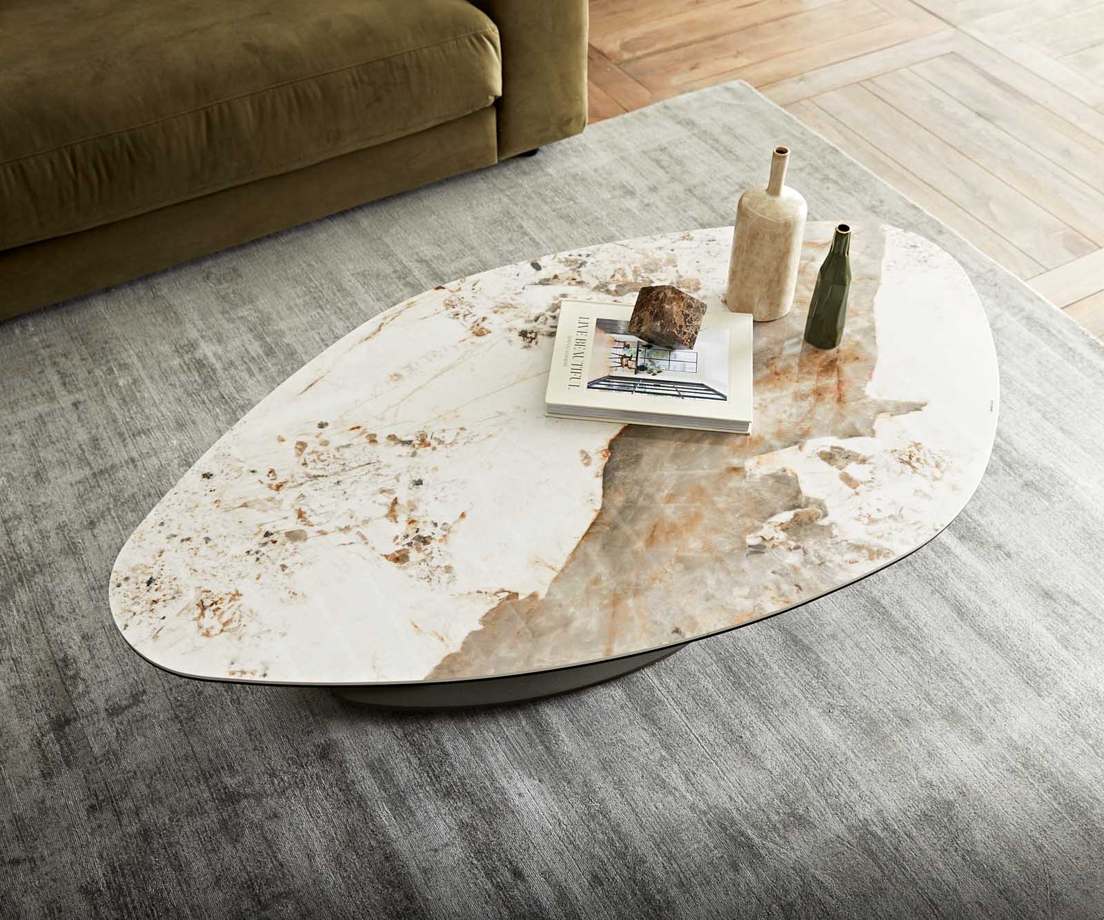 Table-basse Vibana 140x80 cm Céramique Minas Melange Blanc-Beige Piétement finition effet titane 3