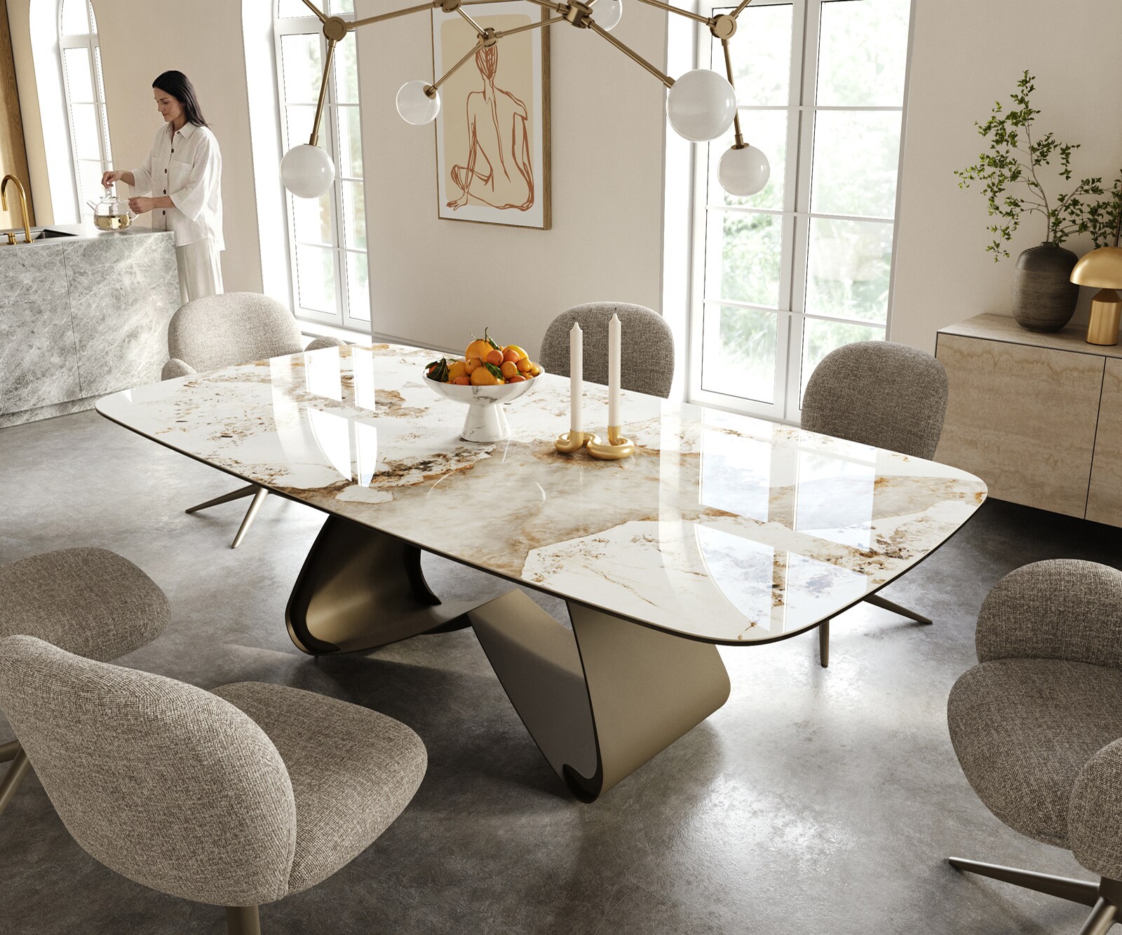 Table à manger Edge Boot 240x120 cm Céramique Minas Melange Blanc-Beige piètement en W Métal Finition effet Titan