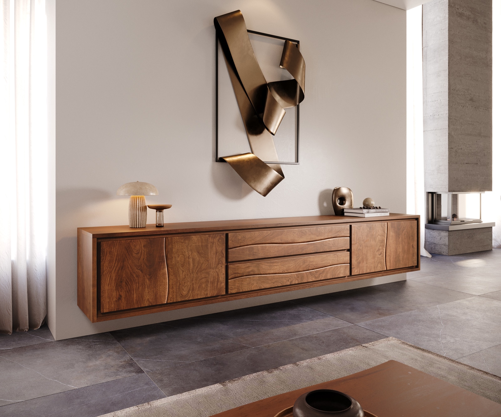 Lowboard Live-Edge 300 cm Akazie Braun 4 Türen 2 Schübe schwebend Lowboard Live-Edge 300 cm Akazie Braun 4 Türen 2 Schübe schwebend