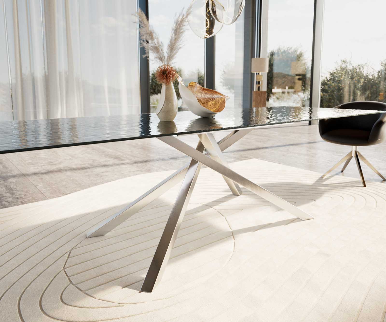 Esstisch Edge 300x100 Reliefglas Rauchschwarz 3D-Design Kreuzgestell Rechteck Edelstahl 5 Esstisch Edge 300x100 Reliefglas Rauchschwarz 3D-Design Kreuzgestell Rechteck Edelstahl 5