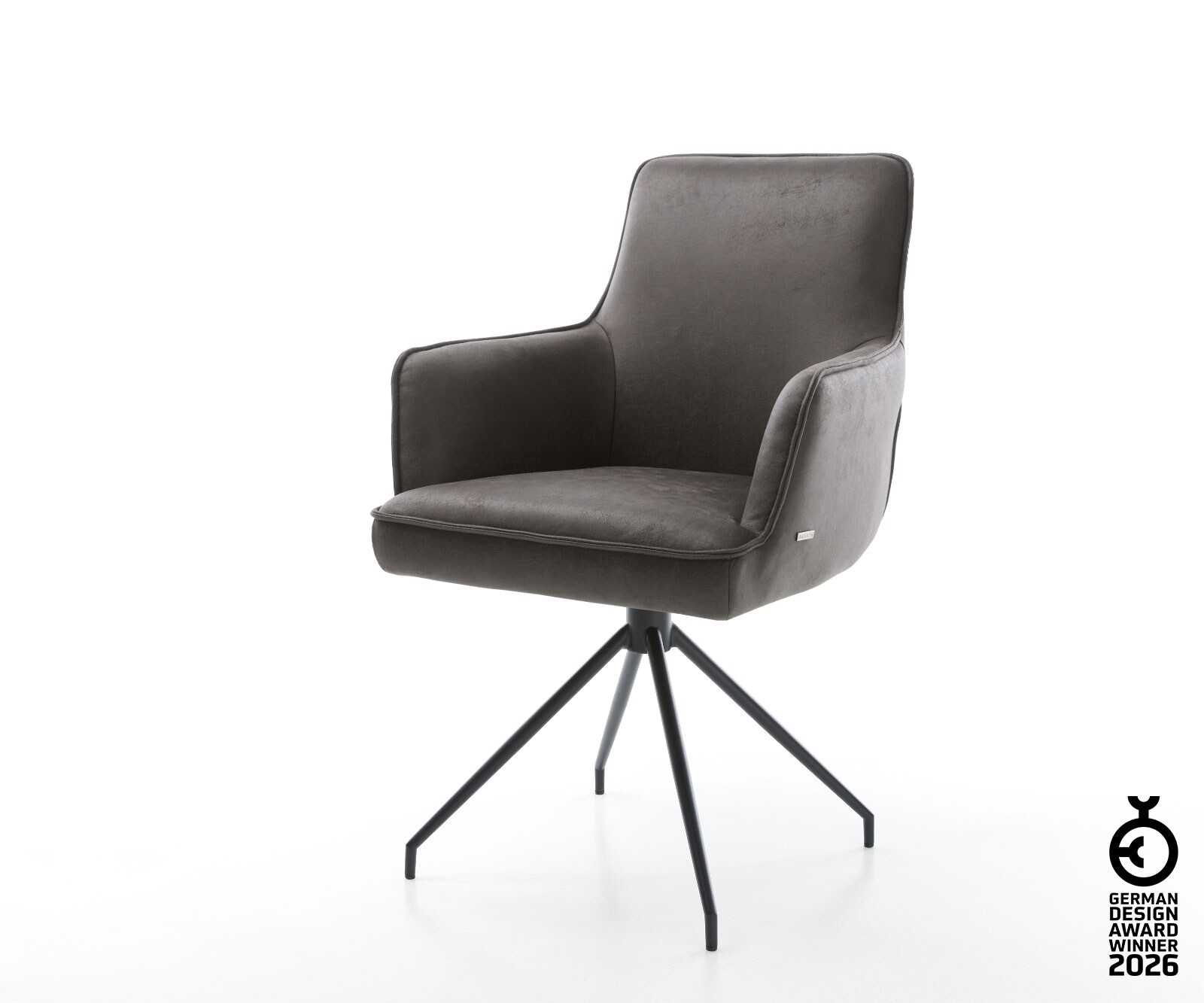 Chaise-pivotante Heira-Flex avec accoudoirs microvelours anthracite vintage pied croisé conique noir pivotement sur 180° ressorts ensachés