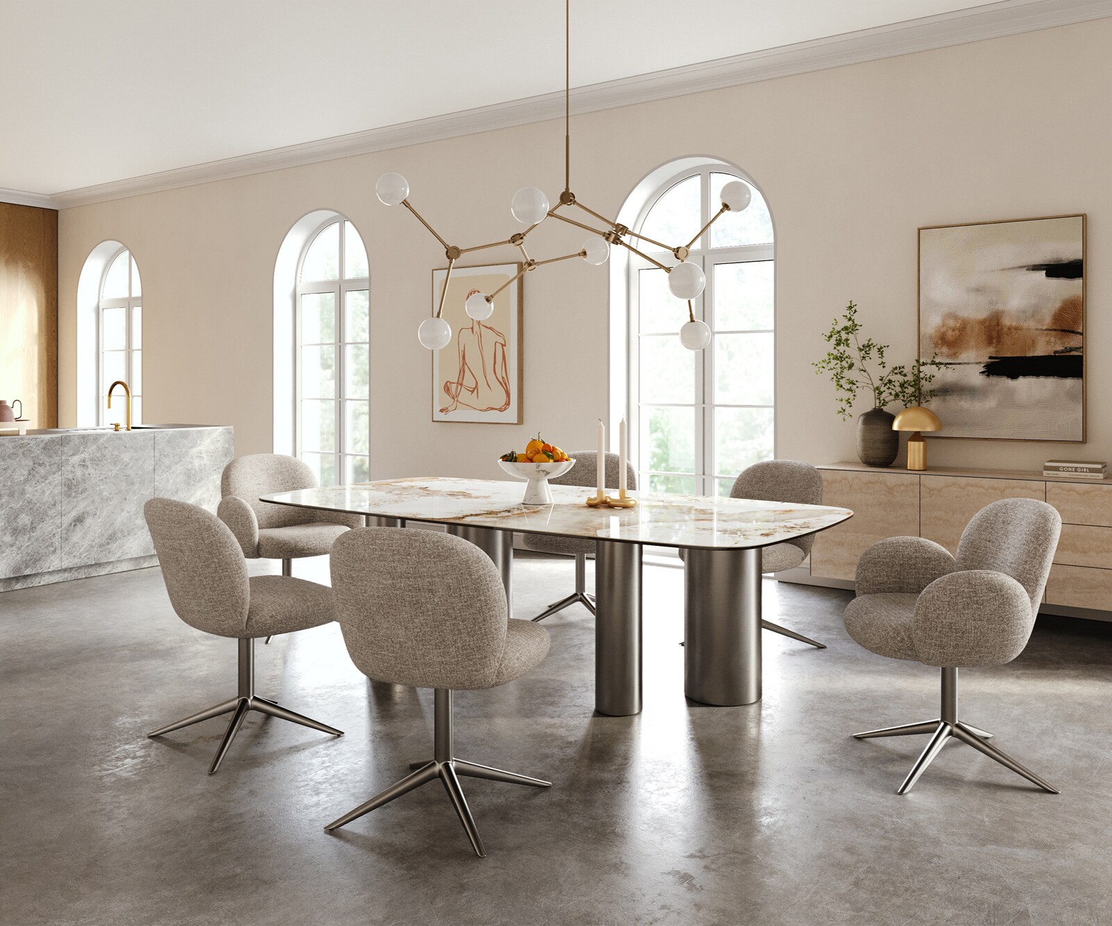 Table à manger Edge Boot 240x120 cm Céramique Minas Melange Blanc-Beige Pilier Acier inoxydable Graphite 5