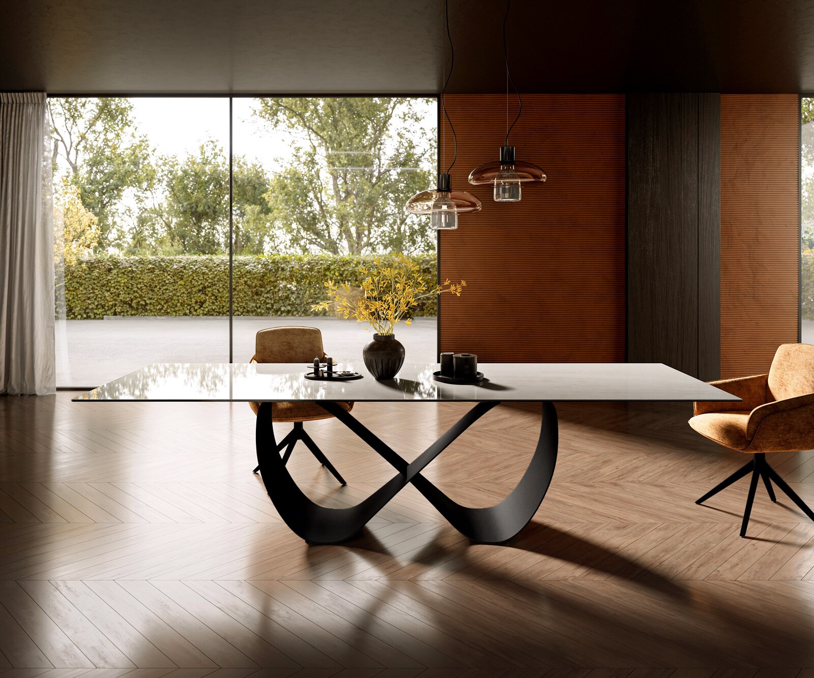 Esstisch Edge 300x100 cm Keramik Onyx Champagne Infinity Metall Schwarz 1