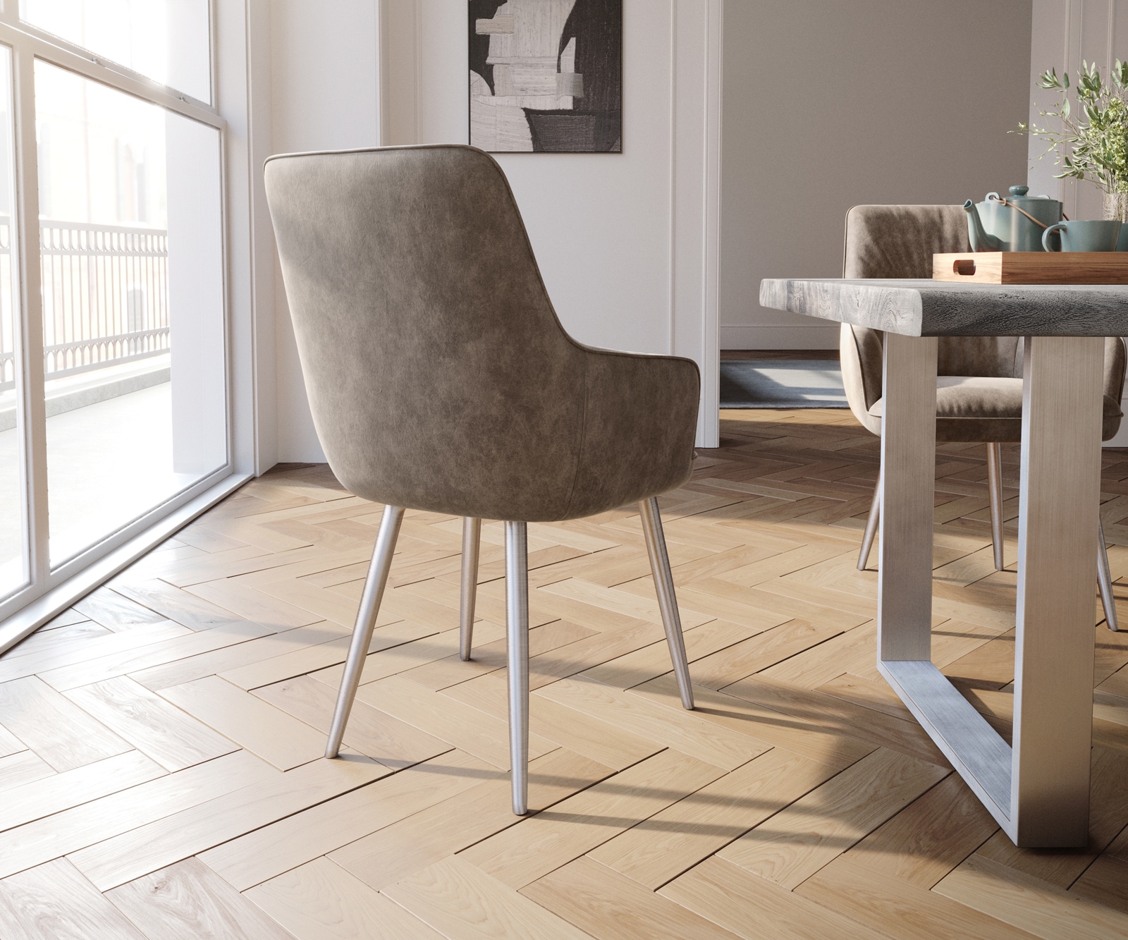 Chaise-de-salle-à-manger Zelia-Flex avec accoudoirs microvelours taupe vintage 4 pieds coniques acier inoxydable brossé ressorts ensachés 5