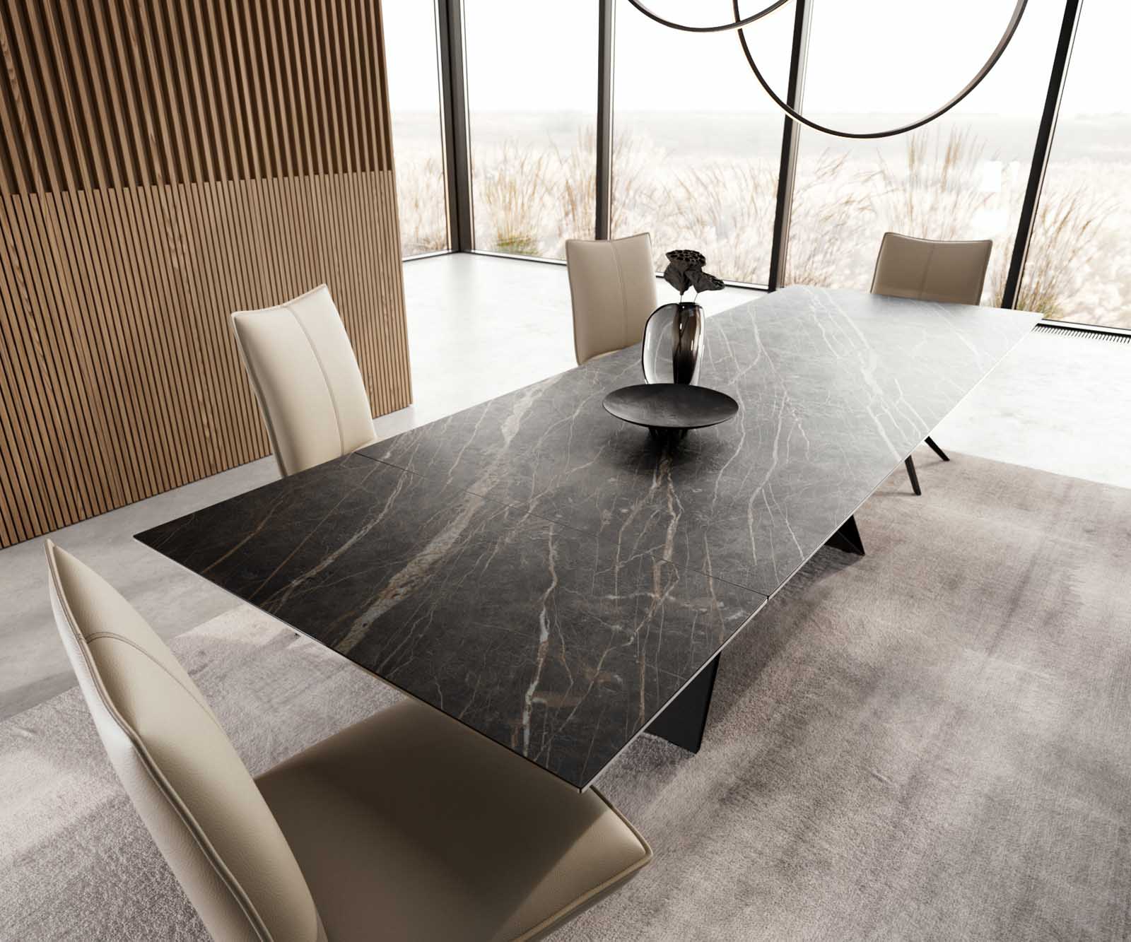 Table à manger Edge 200-300x100 céramique Laminam®Noir Desir marron cadre en V acier plat noir extensible 3