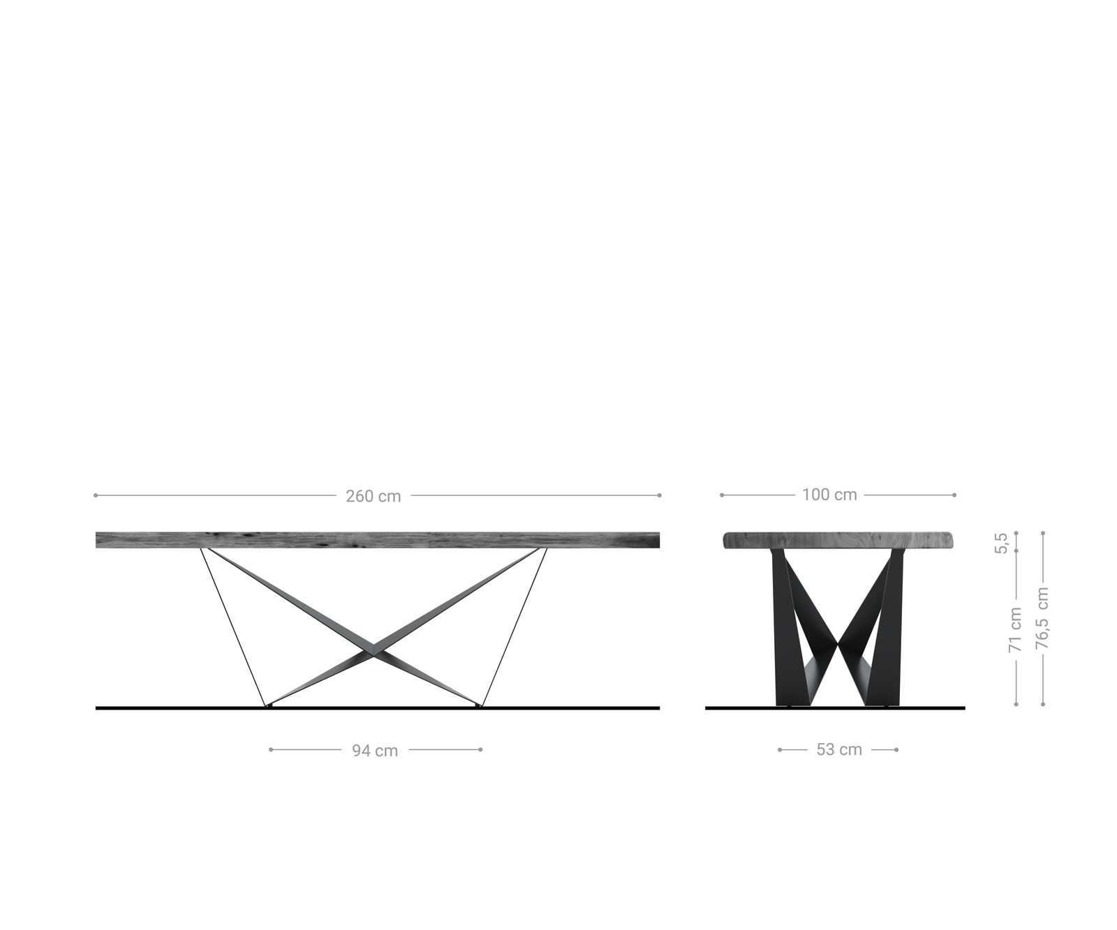 Table à manger Edge 260x100 XL acacia nature Spider acier plat acier inoxydable Live-Edge 7
