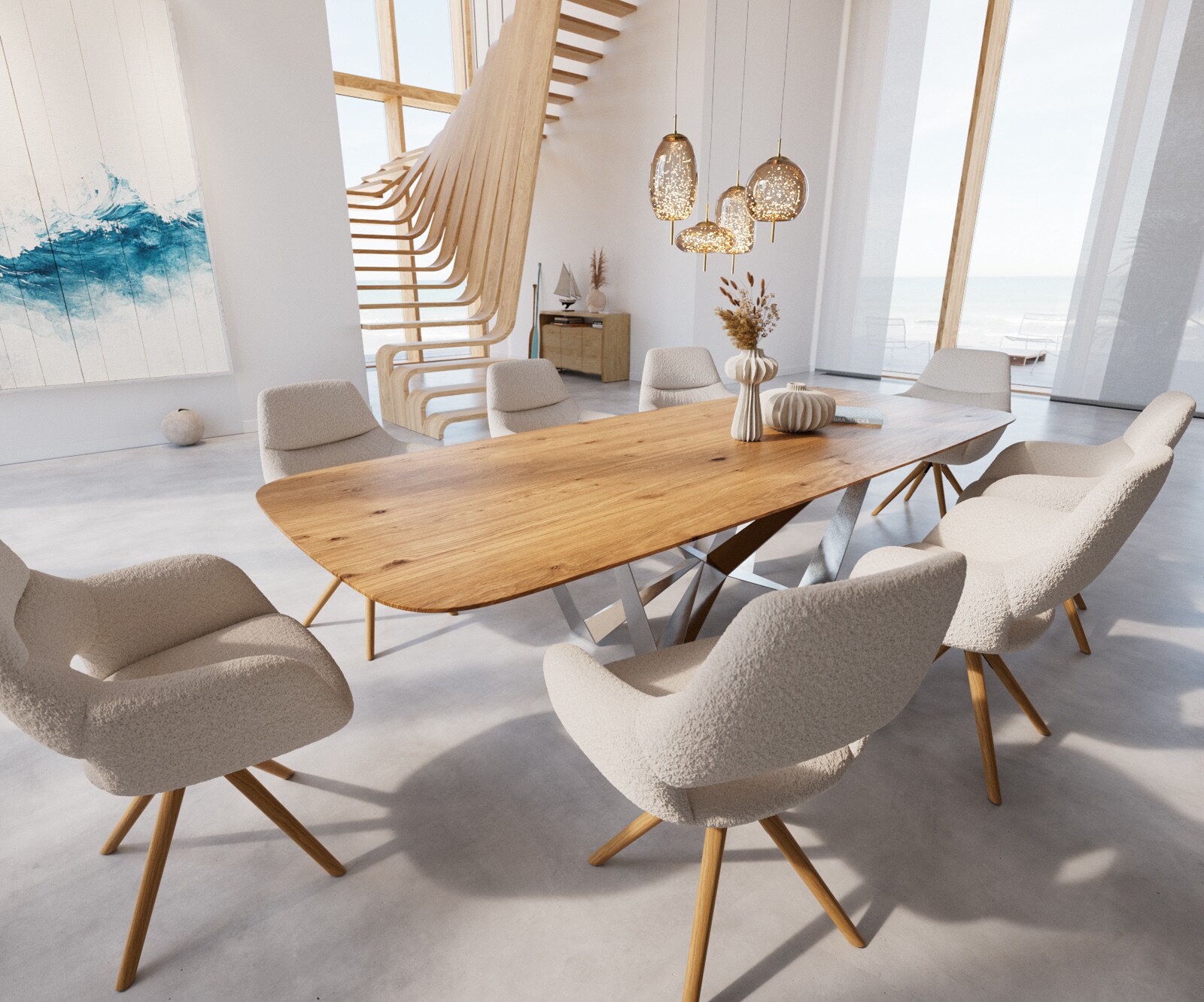 Table à manger Edge Boot 300x120x2,5-3 chêne nature Spider acier plat acier inoxydable bord suisse 6