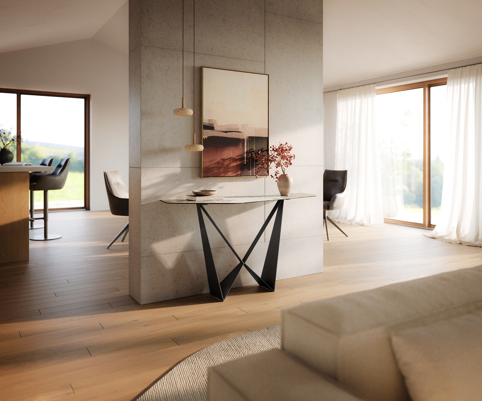 Konsolentisch Edge Polygonal 140x50 cm Keramik Minas Melange Weiß-Beige Spios Metall Schwarz 7