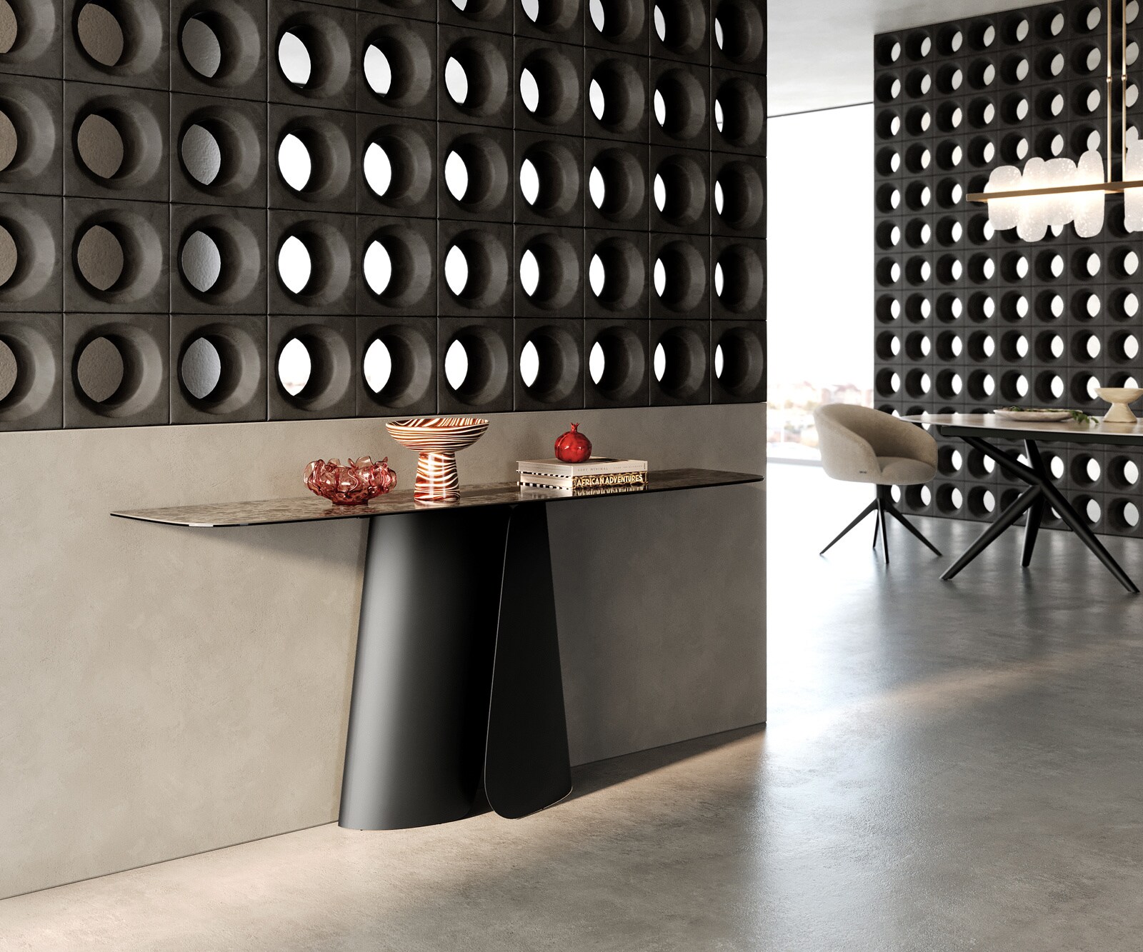 Console Edge forme bateau 180x40 cm Céramique Emperador Extra Lucidato Dunkelbraun Livos Métal Noir 6