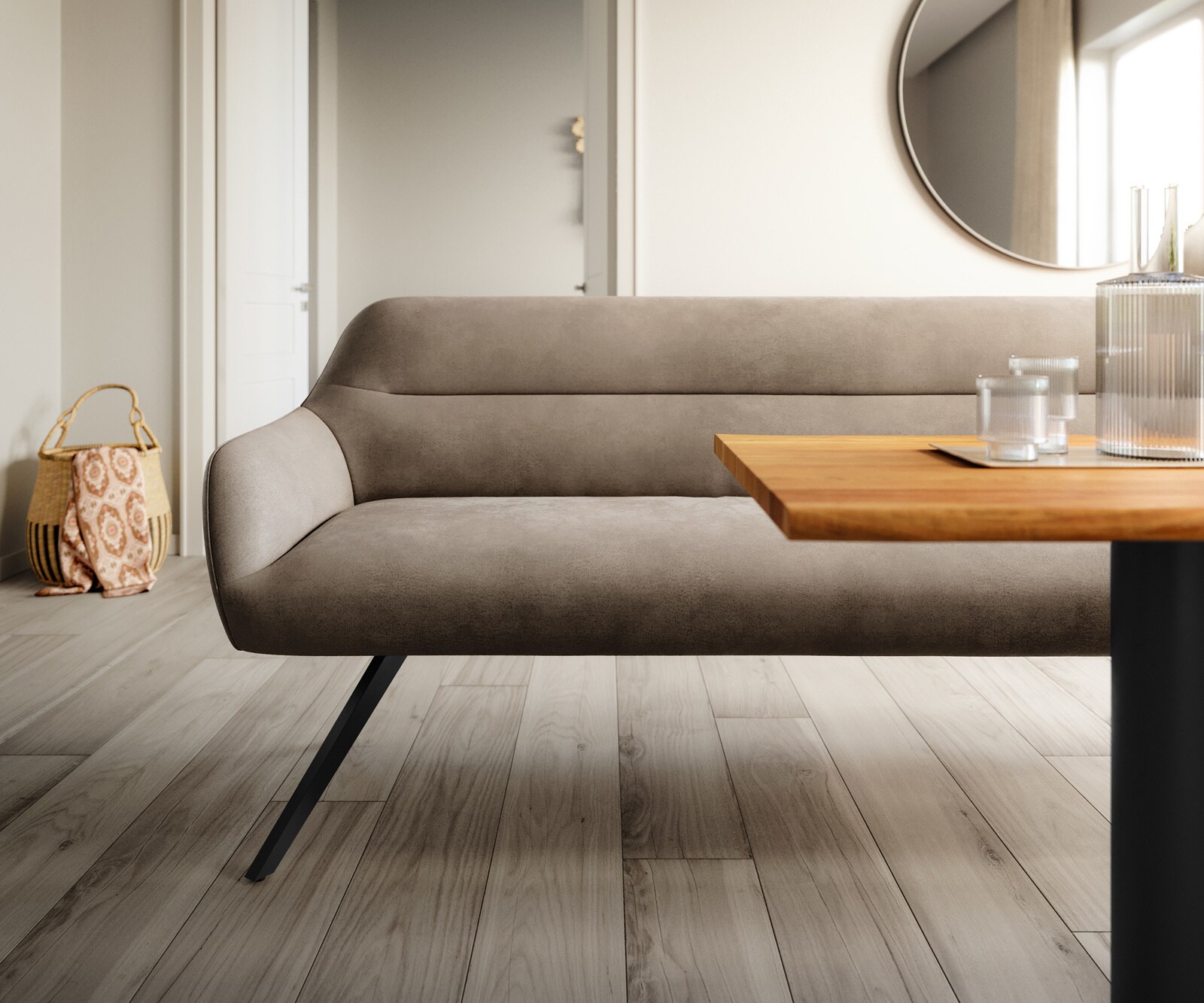 Banc-de-salle-à-manger Taya-Flex 300 cm microfibre taupe vintage pied croisé angulaire noir ressort ensaché 1