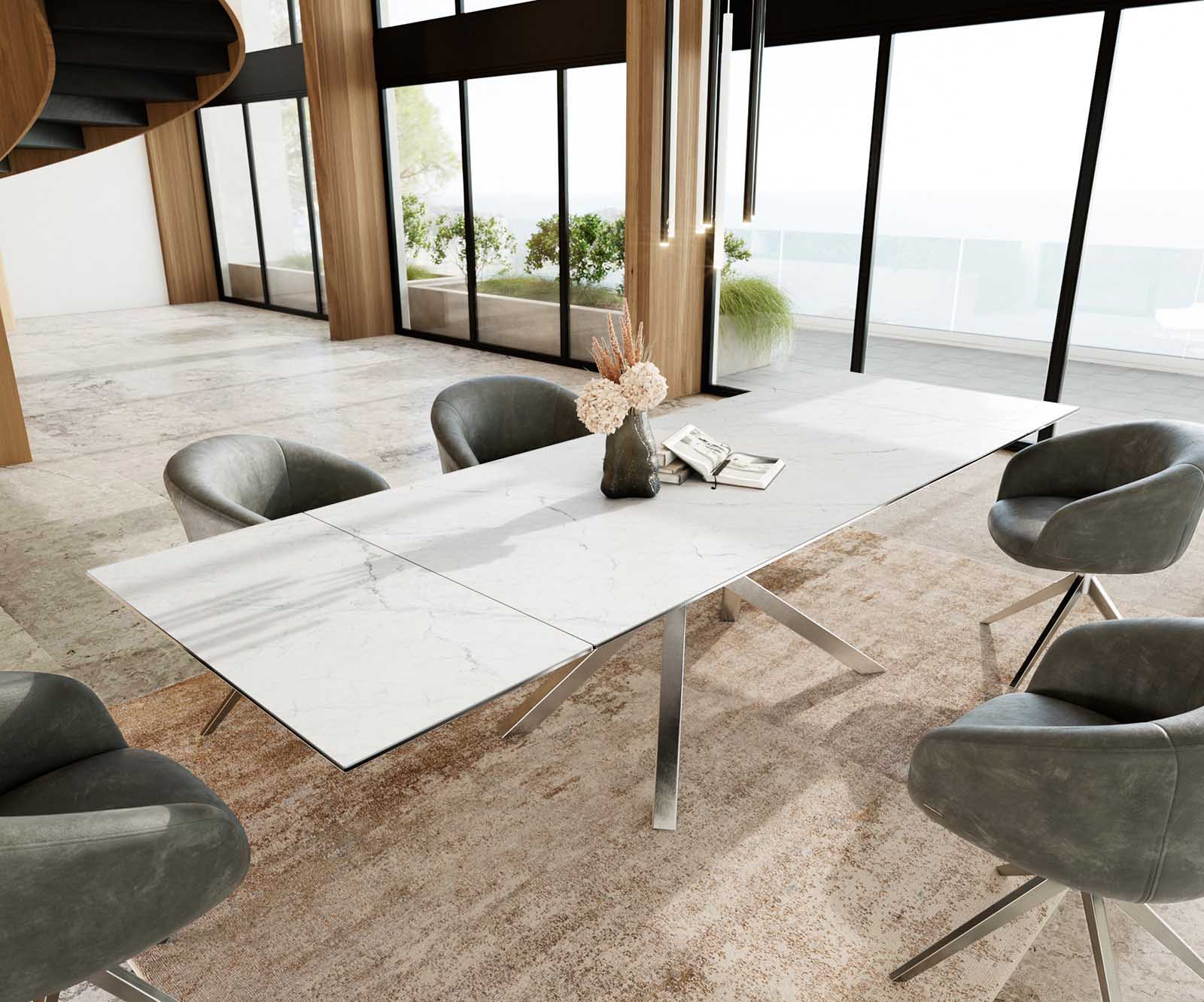 Esstisch Edge 200-300x100 Keramik Laminam®Statuarietto Weiß Kreuzgestell Rechteck Edelstahl ausziehbar