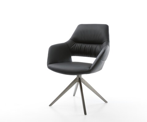 Chaise-pivotante Yago-Flex avec accoudoirs cuir de vache noir pied croisé large grafiete pivotement sur 360° fonction bascule ressorts ensachés
