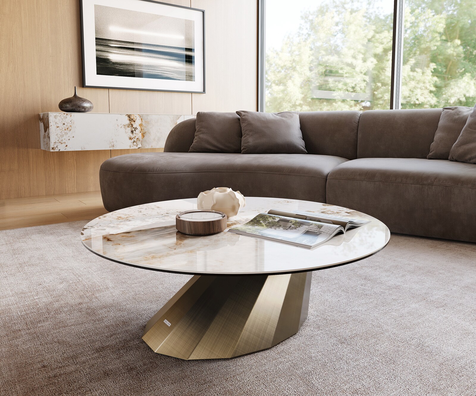 Couchtisch Edge Rund 100x100 cm Keramik Minas Melange Parabi Metallic Gold 1