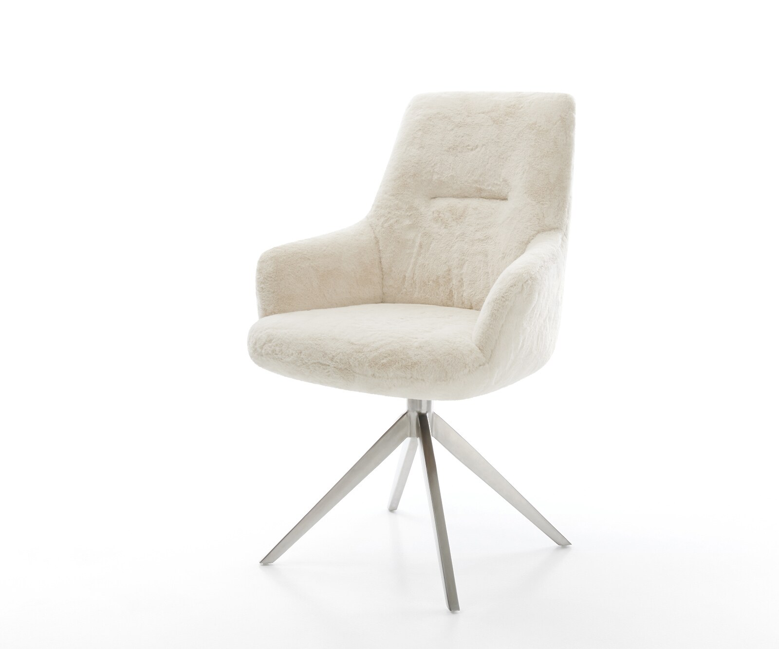 Drehstuhl Zelia-Flex mit Armlehnen Plüsch Creme-Weiß Kreuzgestell breit Edelstahl 360° drehbar Wippfunktion Taschenfederkern 1