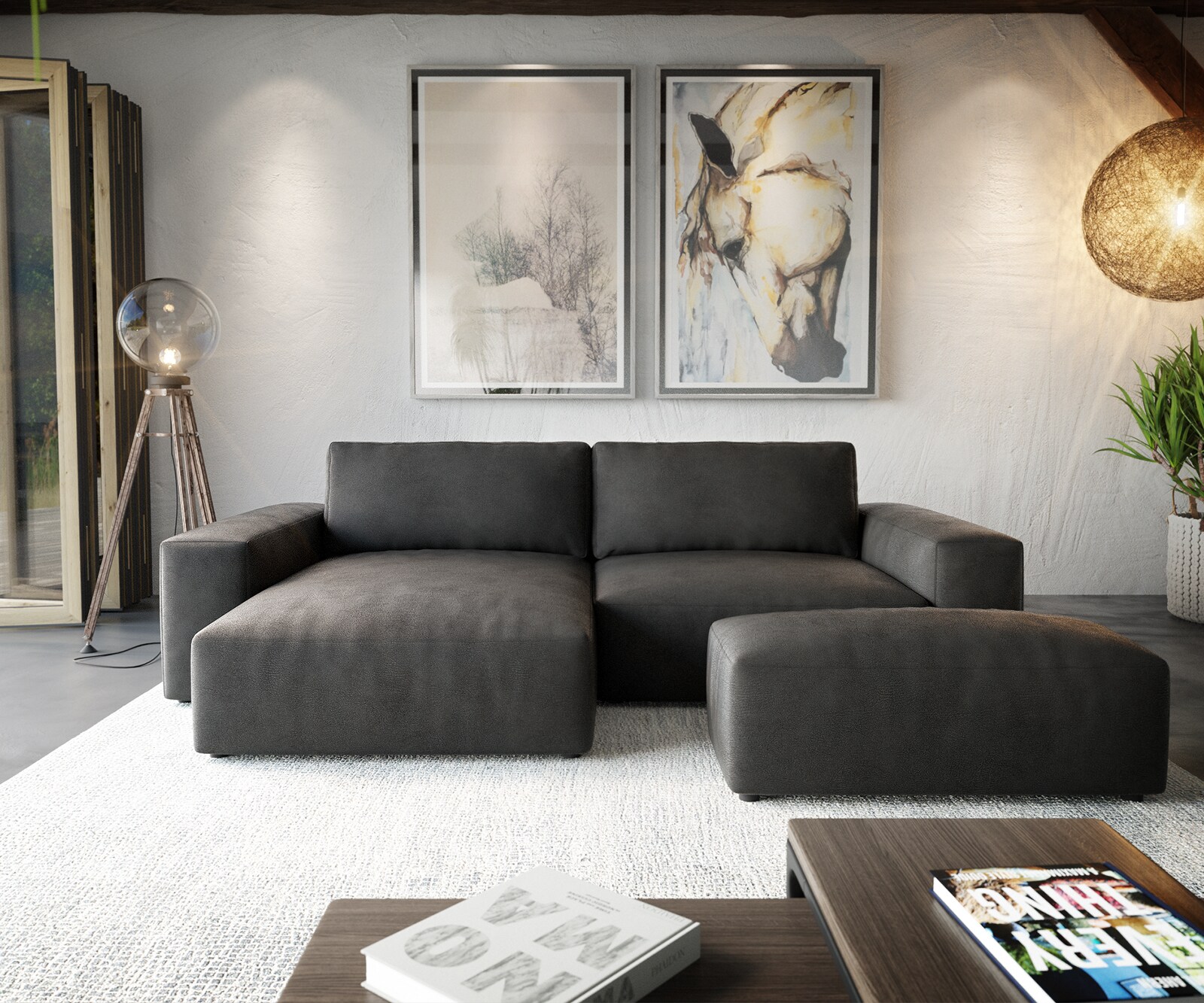 Ecksofa Lanzo XL 270x180 cm Lederimitat Vintage Anthrazit Recamiere variabel mit Hocker 2