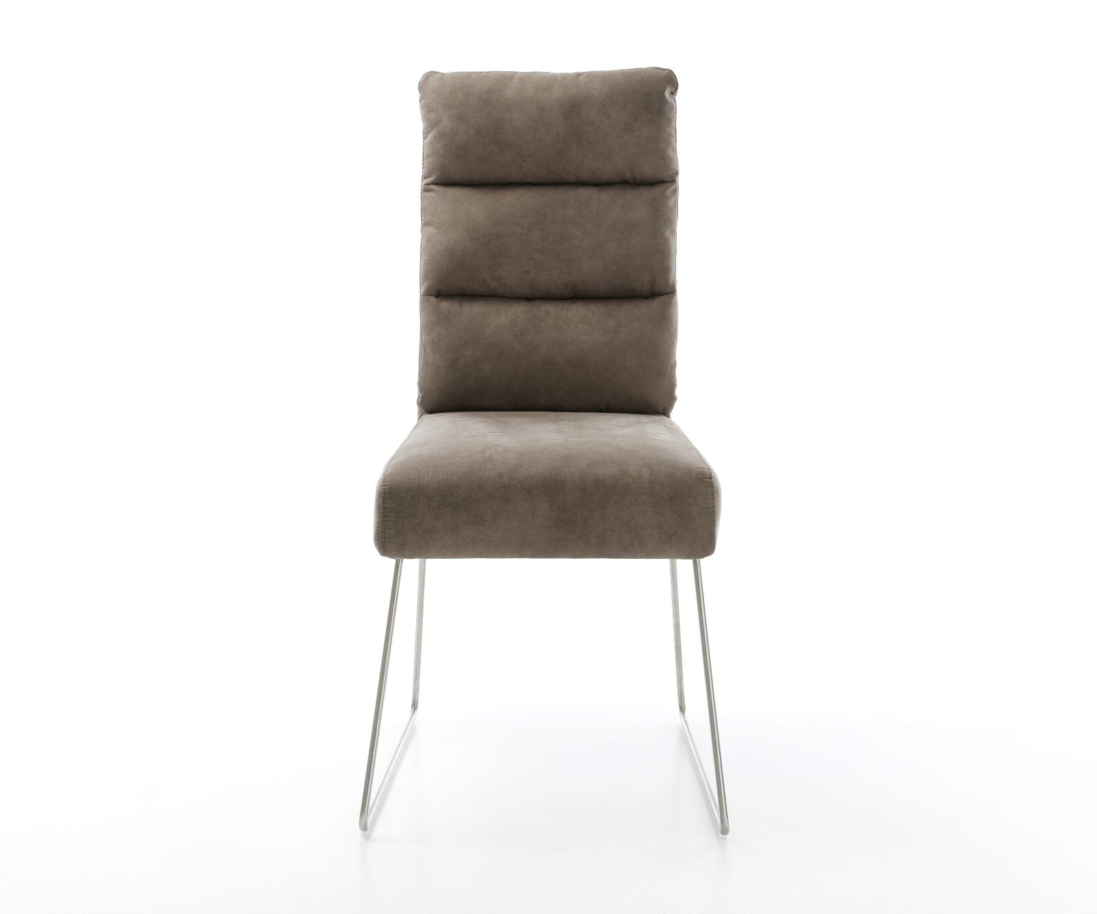 Chaise-de-salle-à-manger Pela-Flex microvelours taupe vintage pied trapèze acier inoxydable brossé ressorts ensachés 1